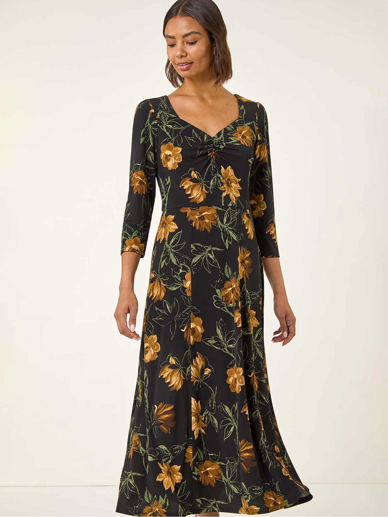 Image 3 of 5 of Roman Floral Print Ruched Stretch Midi Dress - Yellow