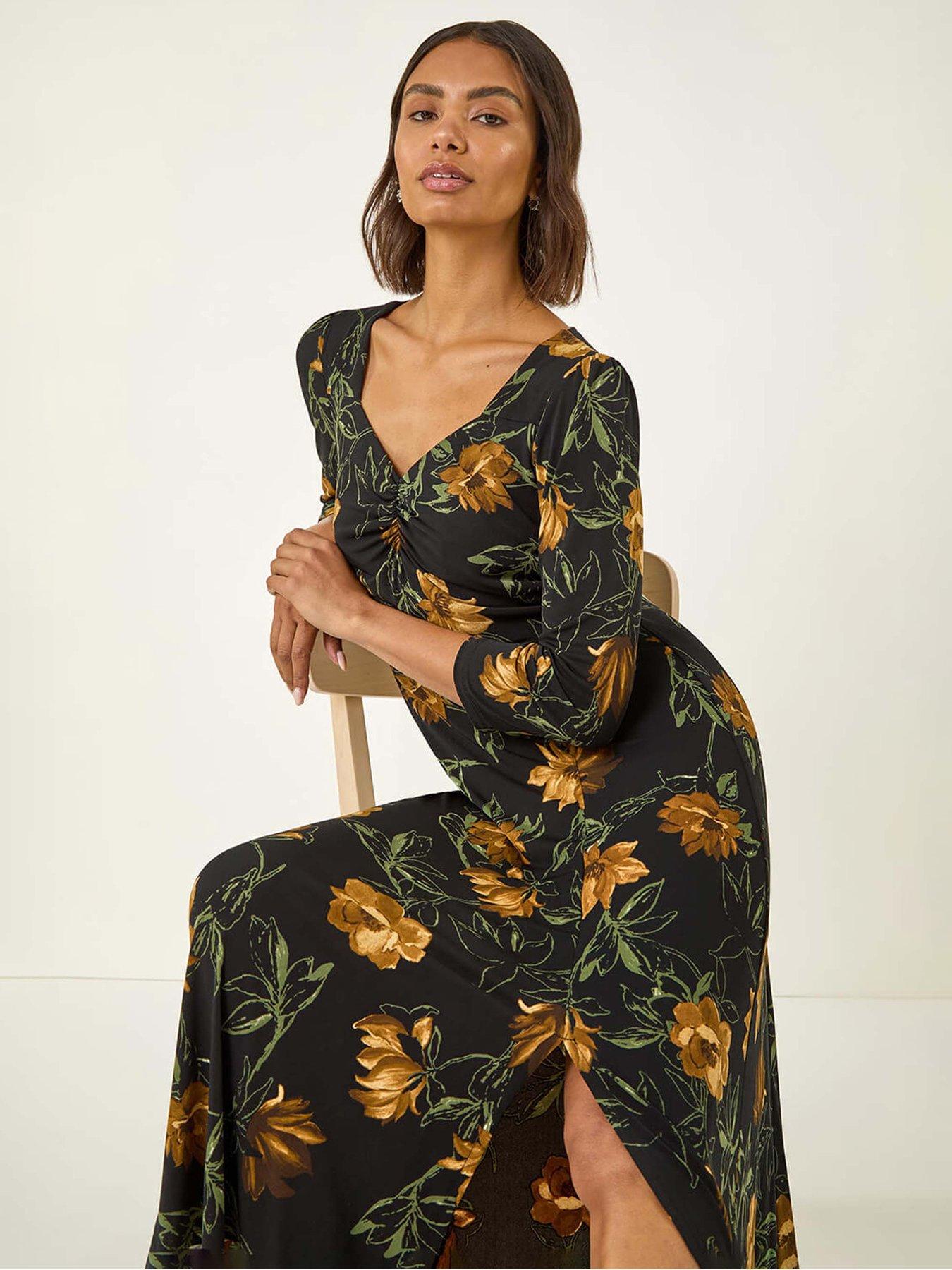 Image 4 of 5 of Roman Floral Print Ruched Stretch Midi Dress - Yellow