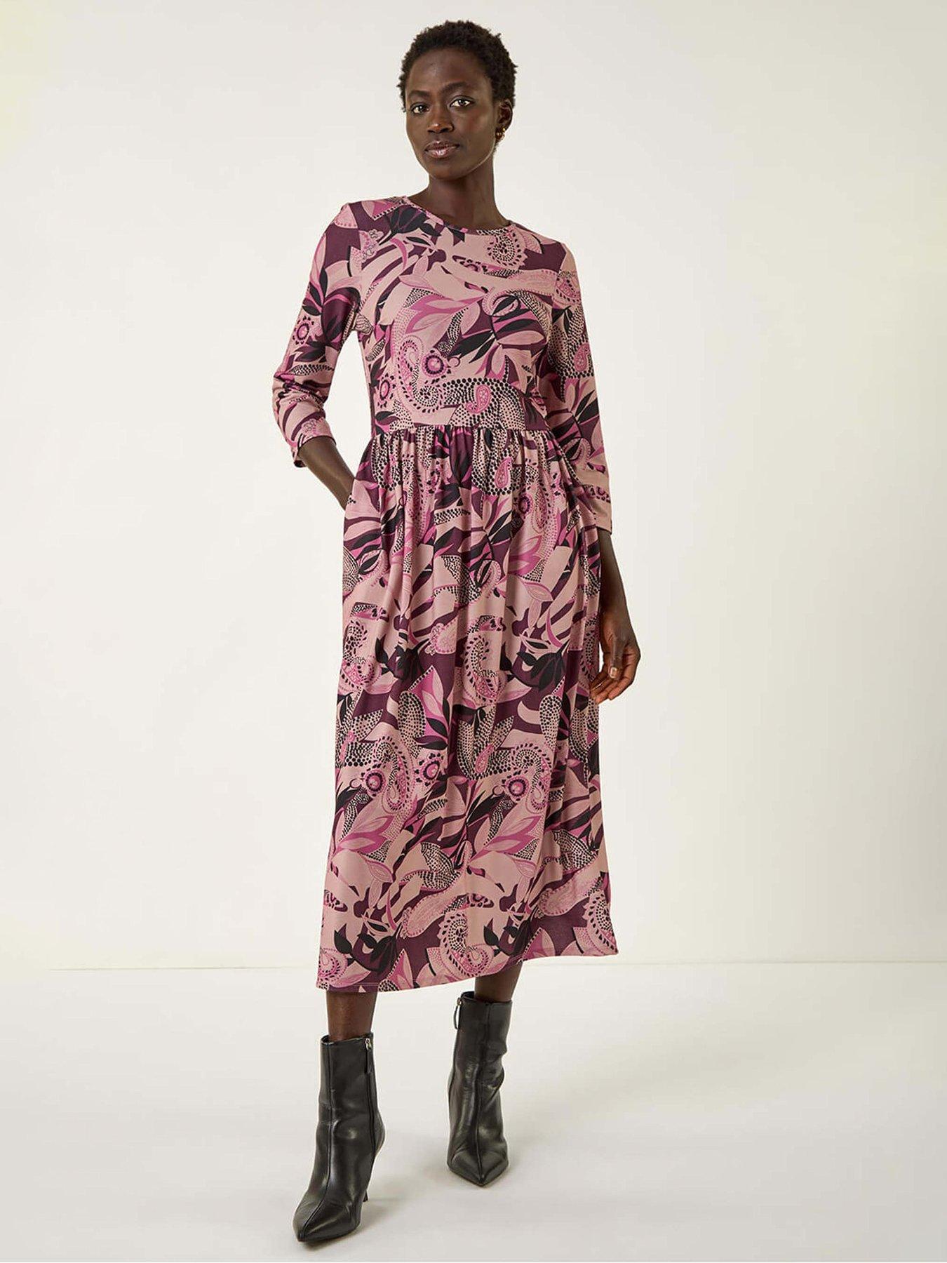 Roman Floral Print Gathered Stretch Midi Dress - Rose