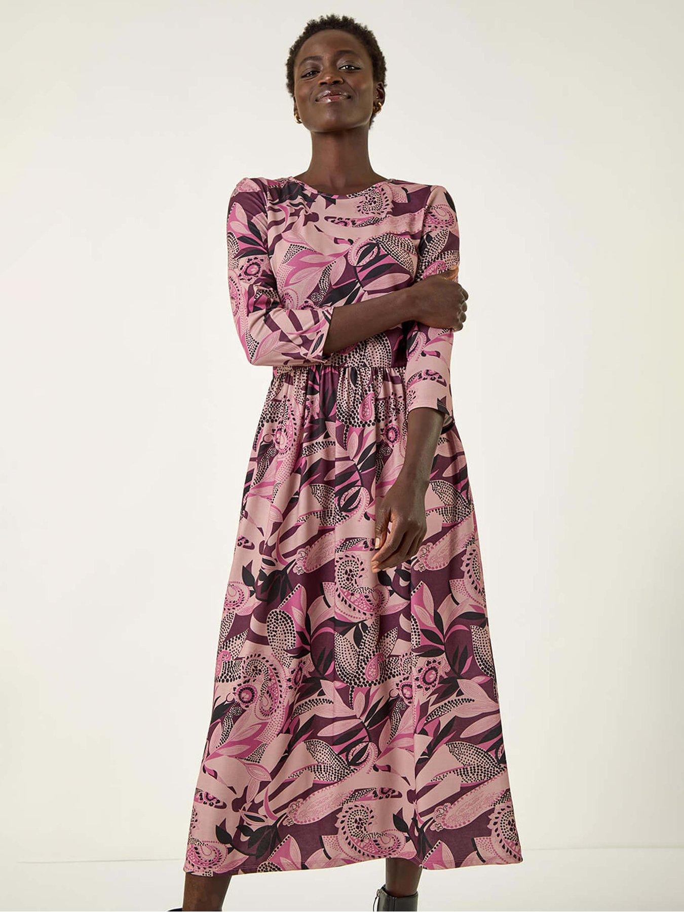 Image 3 of 5 of Roman Floral Print Gathered Stretch Midi Dress - Rose