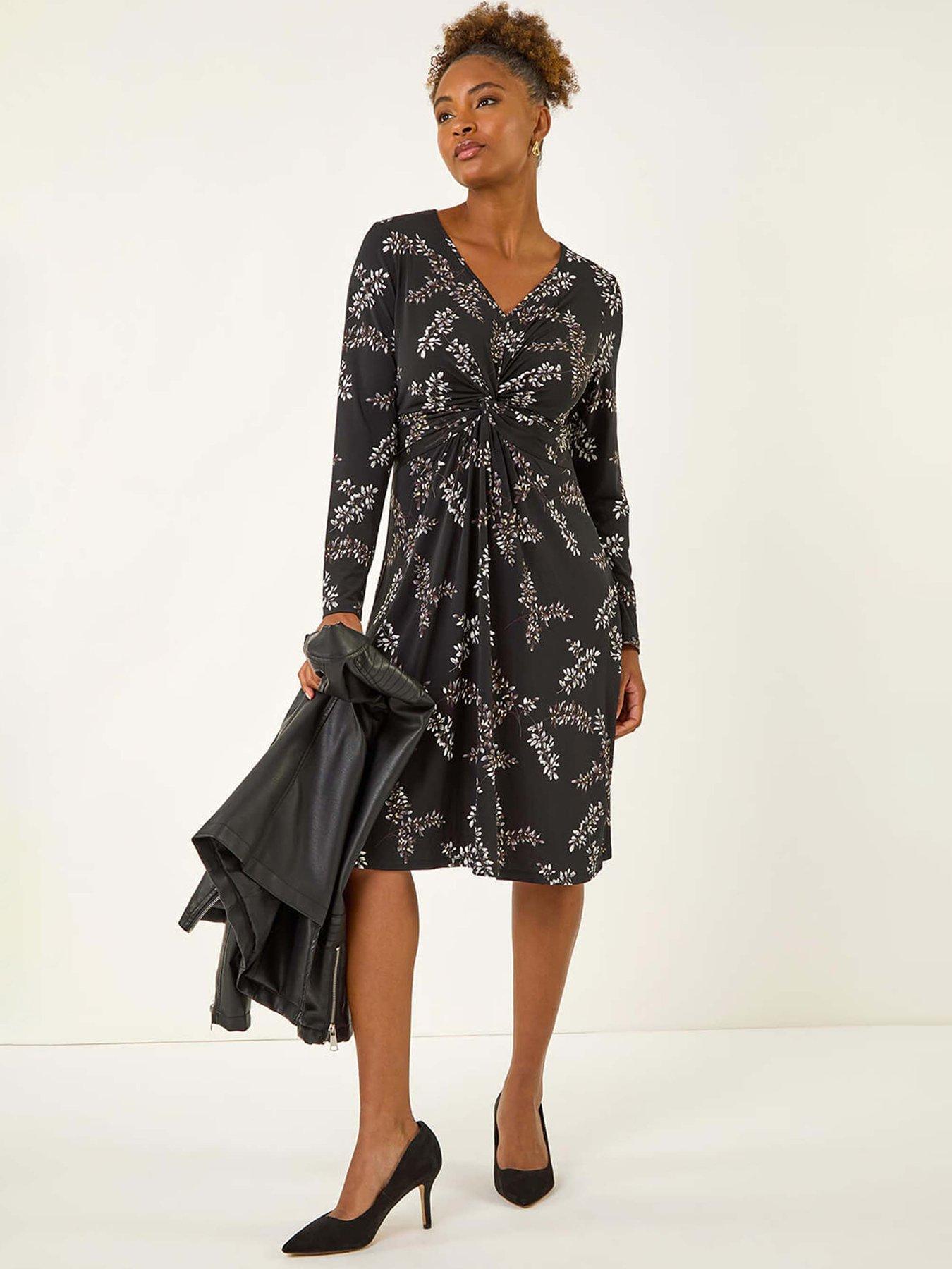 undefined Floral Print Twist Front Midi Dress - Black