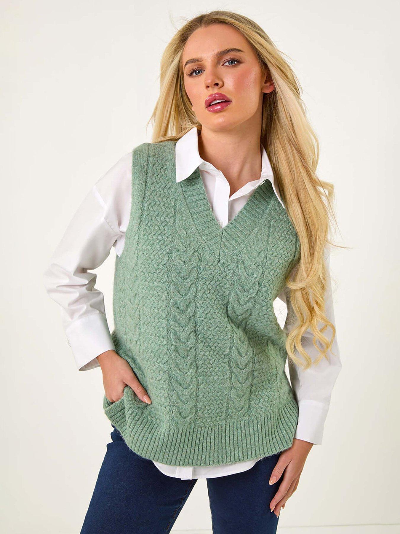 Image 1 of 5 of Roman Petite V-neck Cable Knit Sleeveless Vest - Sage