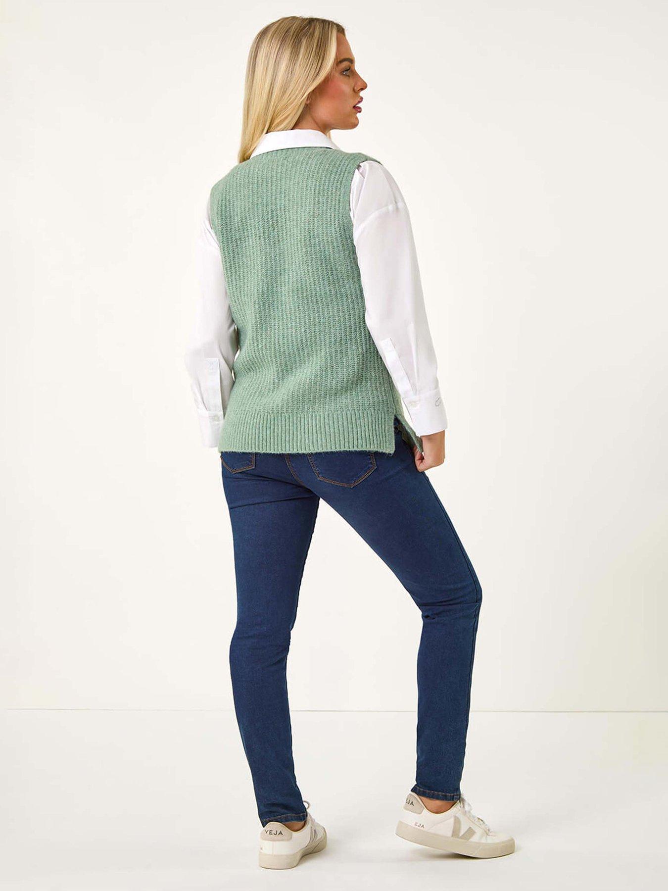 Image 2 of 5 of Roman Petite V-neck Cable Knit Sleeveless Vest - Sage