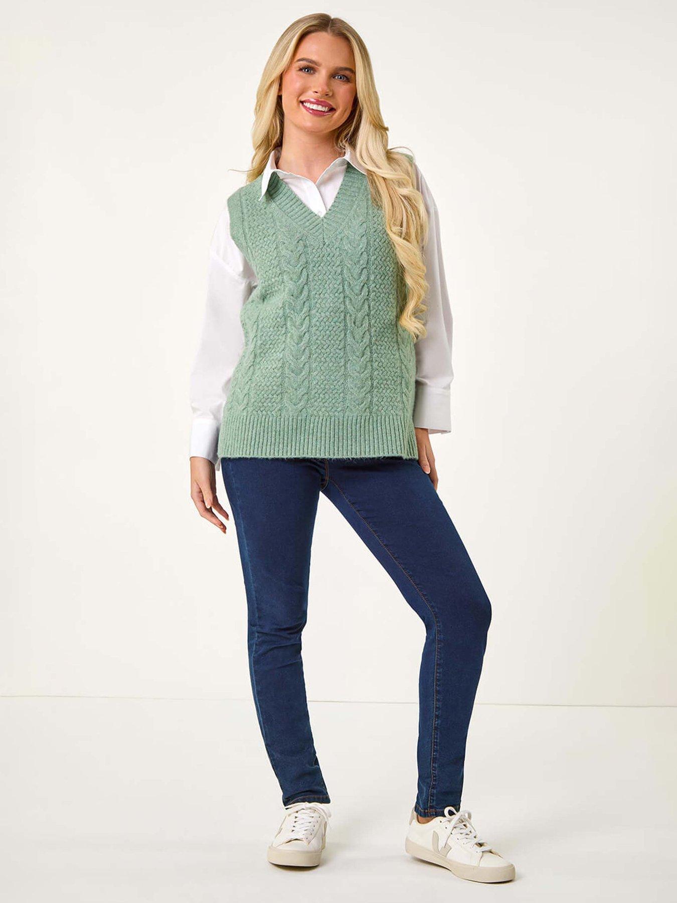 Image 3 of 5 of Roman Petite V-neck Cable Knit Sleeveless Vest - Sage