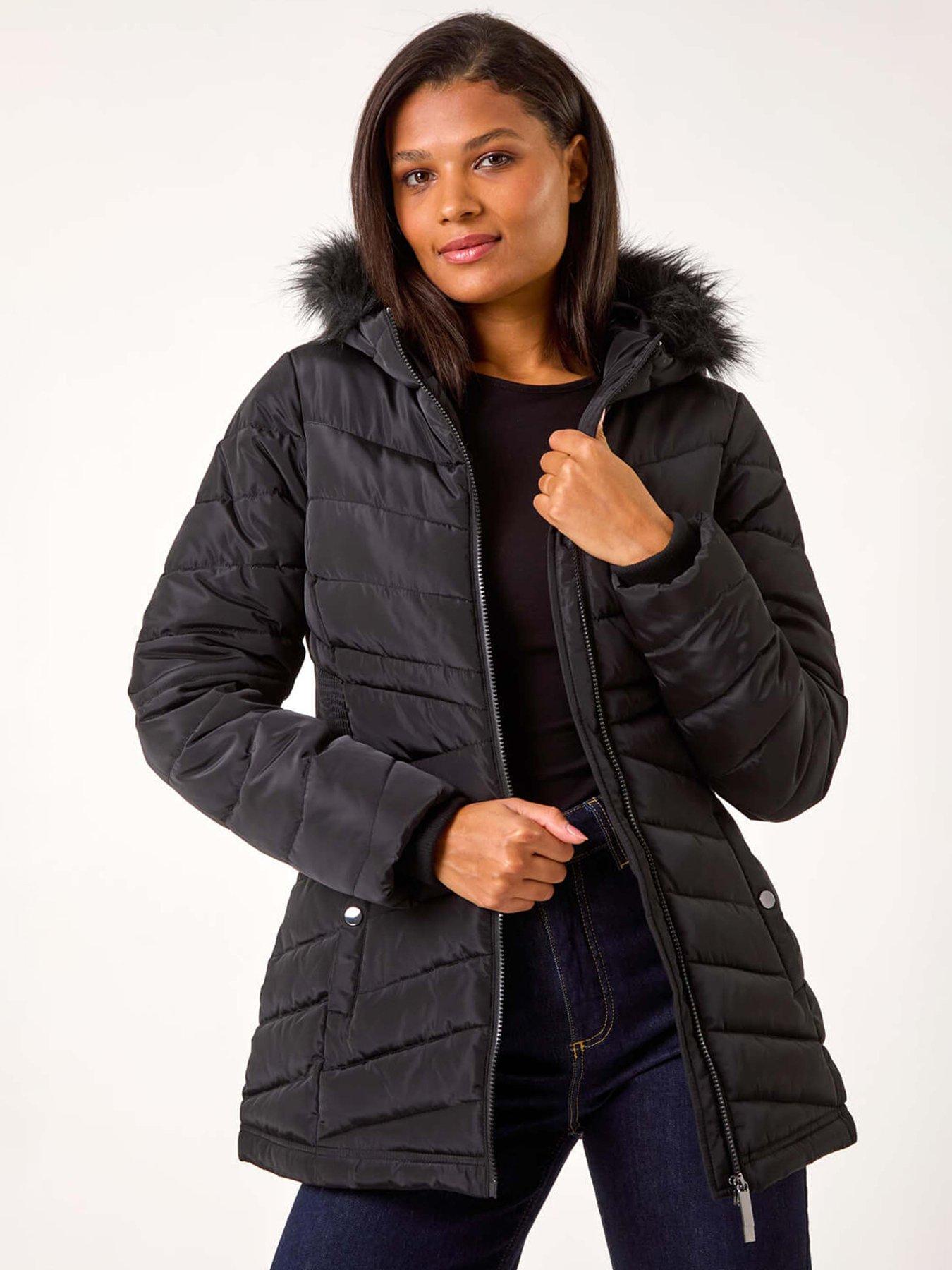 undefined Faux Fur Hooded Quilt Coat - Black