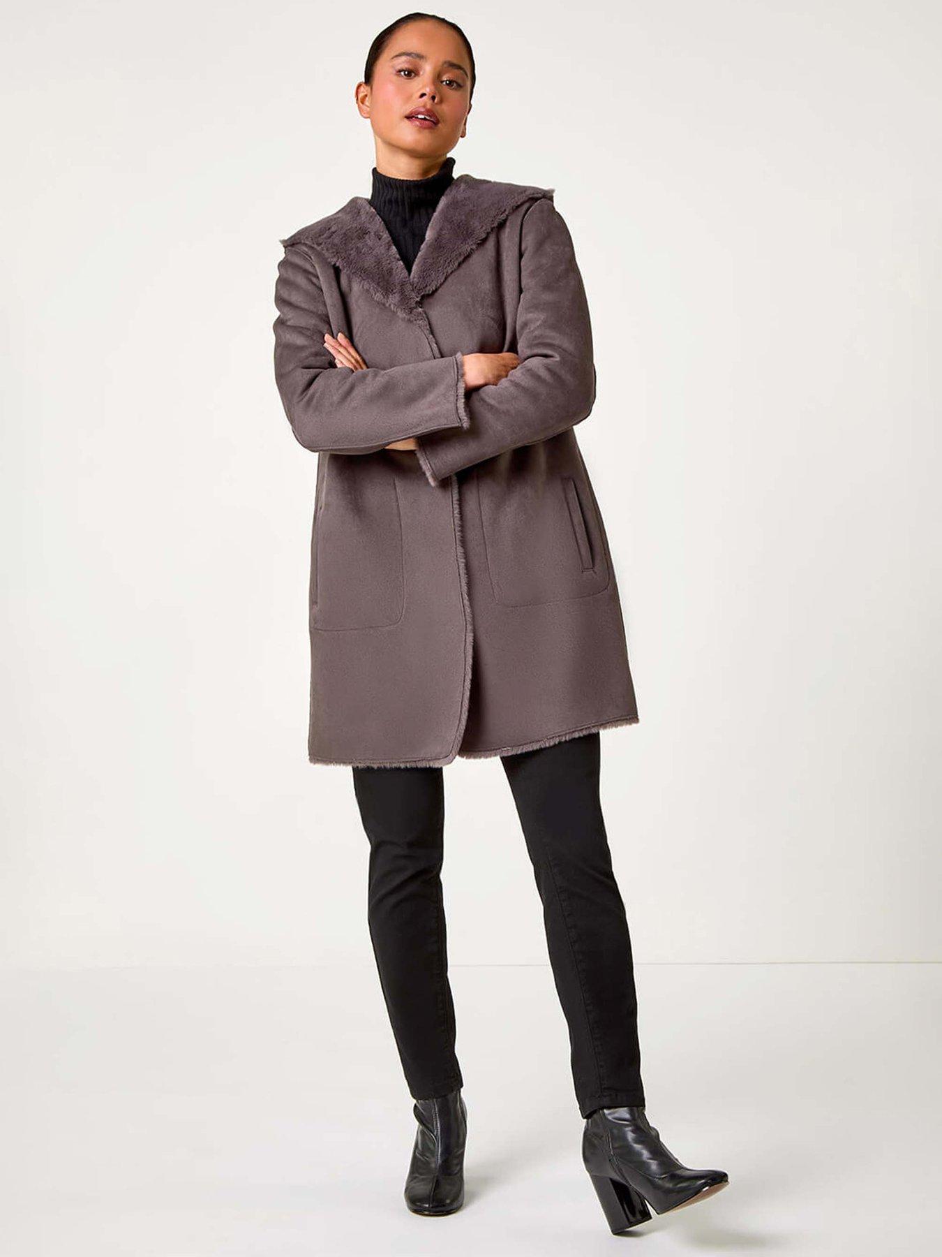 undefined Petite Reversible Faux Sheepskin Coat - Taupe