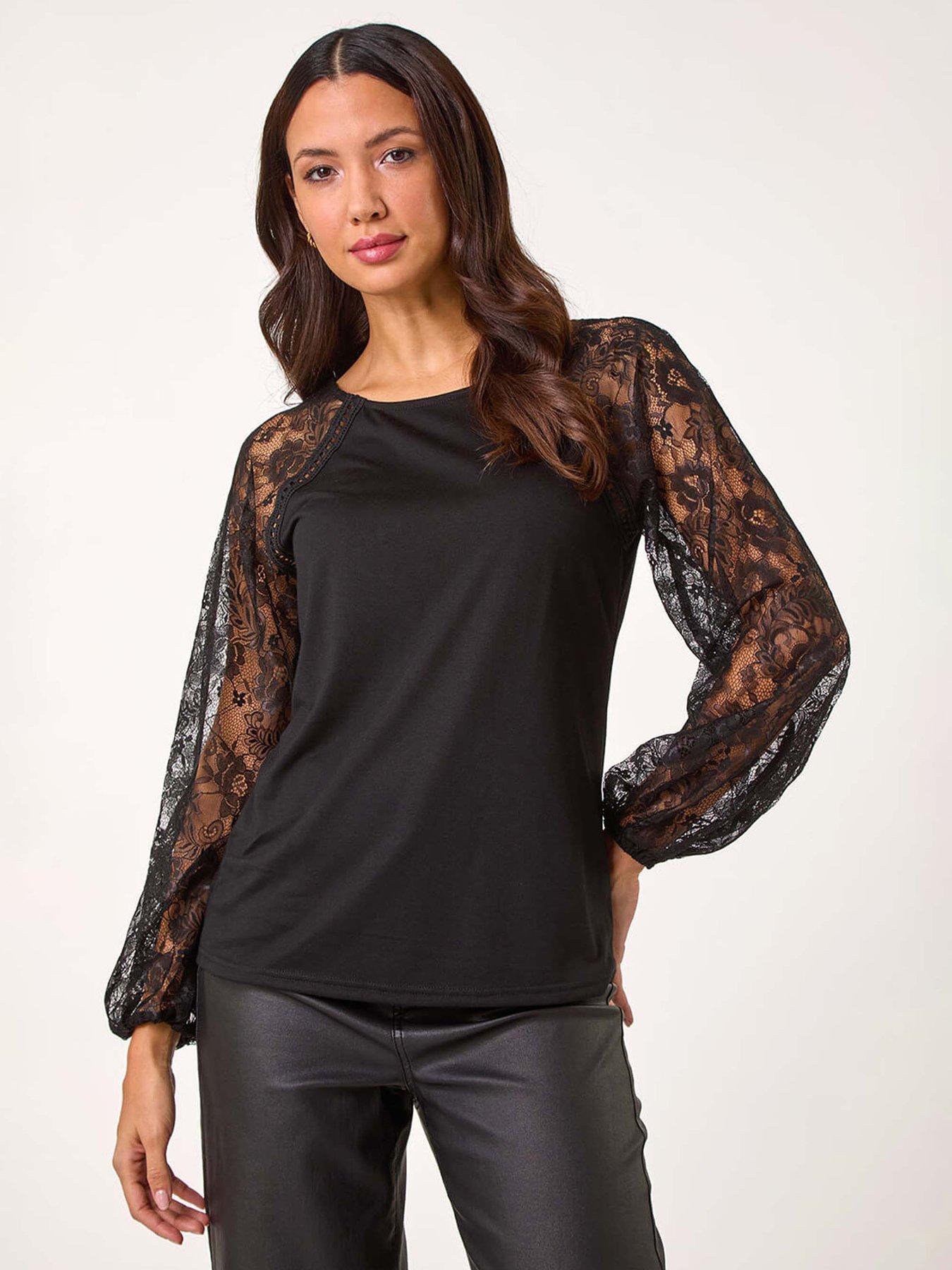 Roman Lace Sleeve Stretch Tunic Top - Black