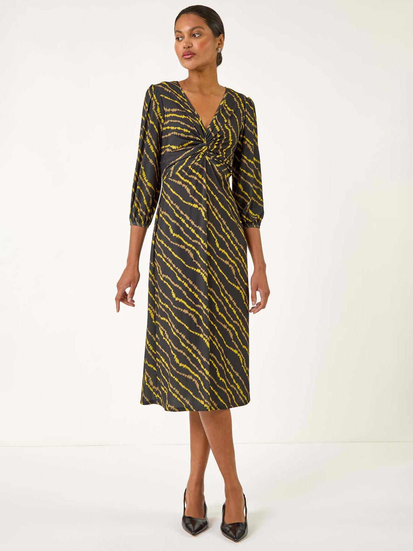 Roman Abstract Twist Front Midi Dress - Yellow