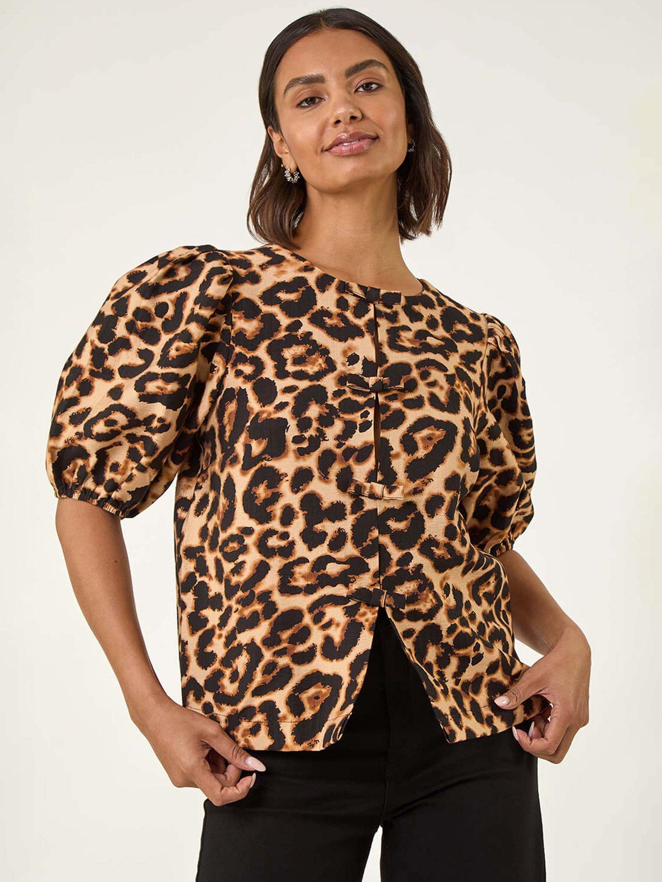 Image 1 of 5 of Roman Animal Print Bow Blouse - Beige