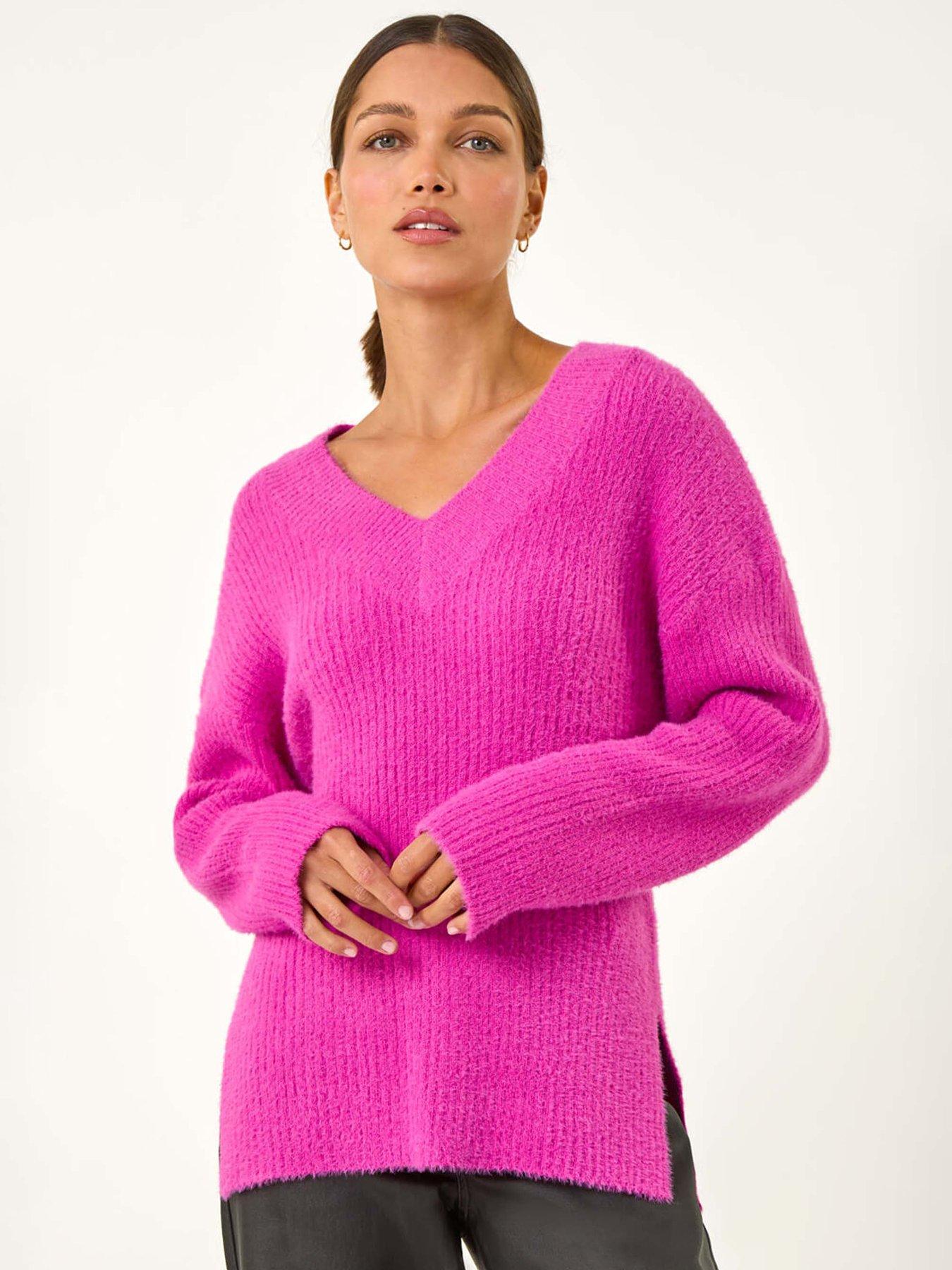 Roman V-neck Fluffy Knit Jumper - Magenta