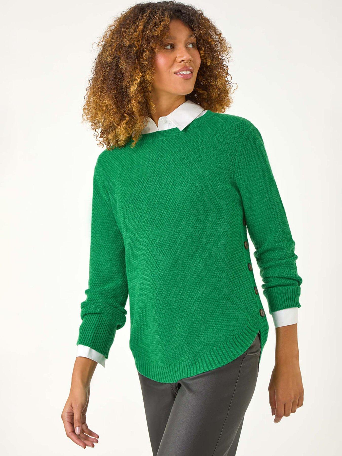 Roman Textured Curved Hem Jumper - Green