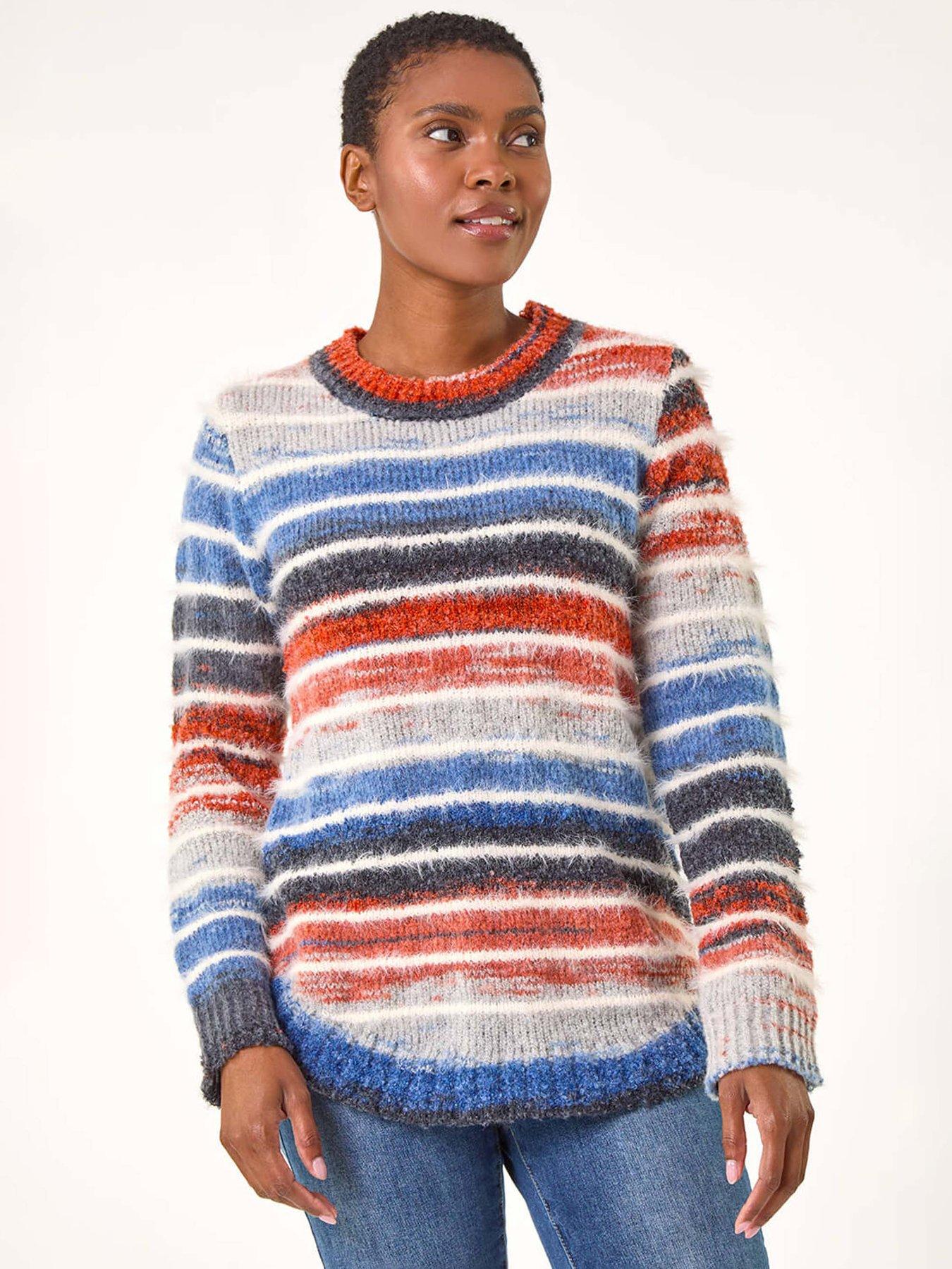 Roman Fluffy Striped Curve Hem Jumper - Denim