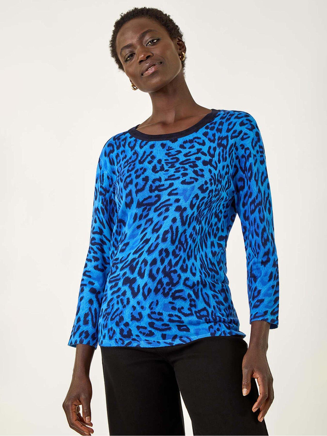 Roman Animal Print V-neck Knit Jumper - Blue
