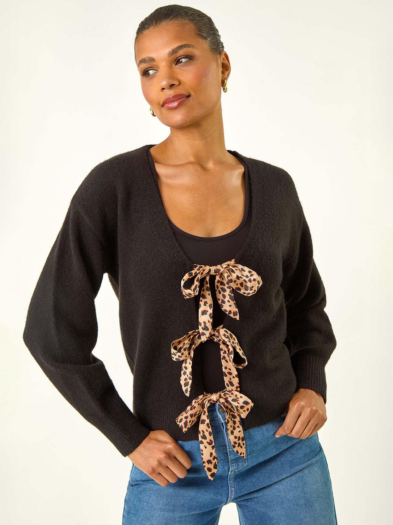 Roman Animal Tie Front Knit Cardigan - Black