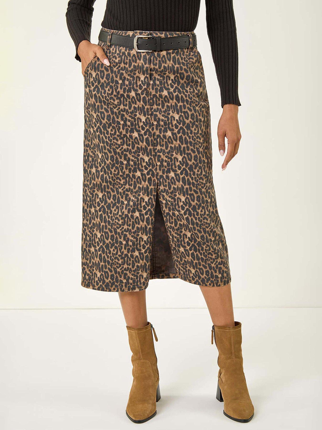 undefined Animal Print Stretch Midi Skirt - Brown