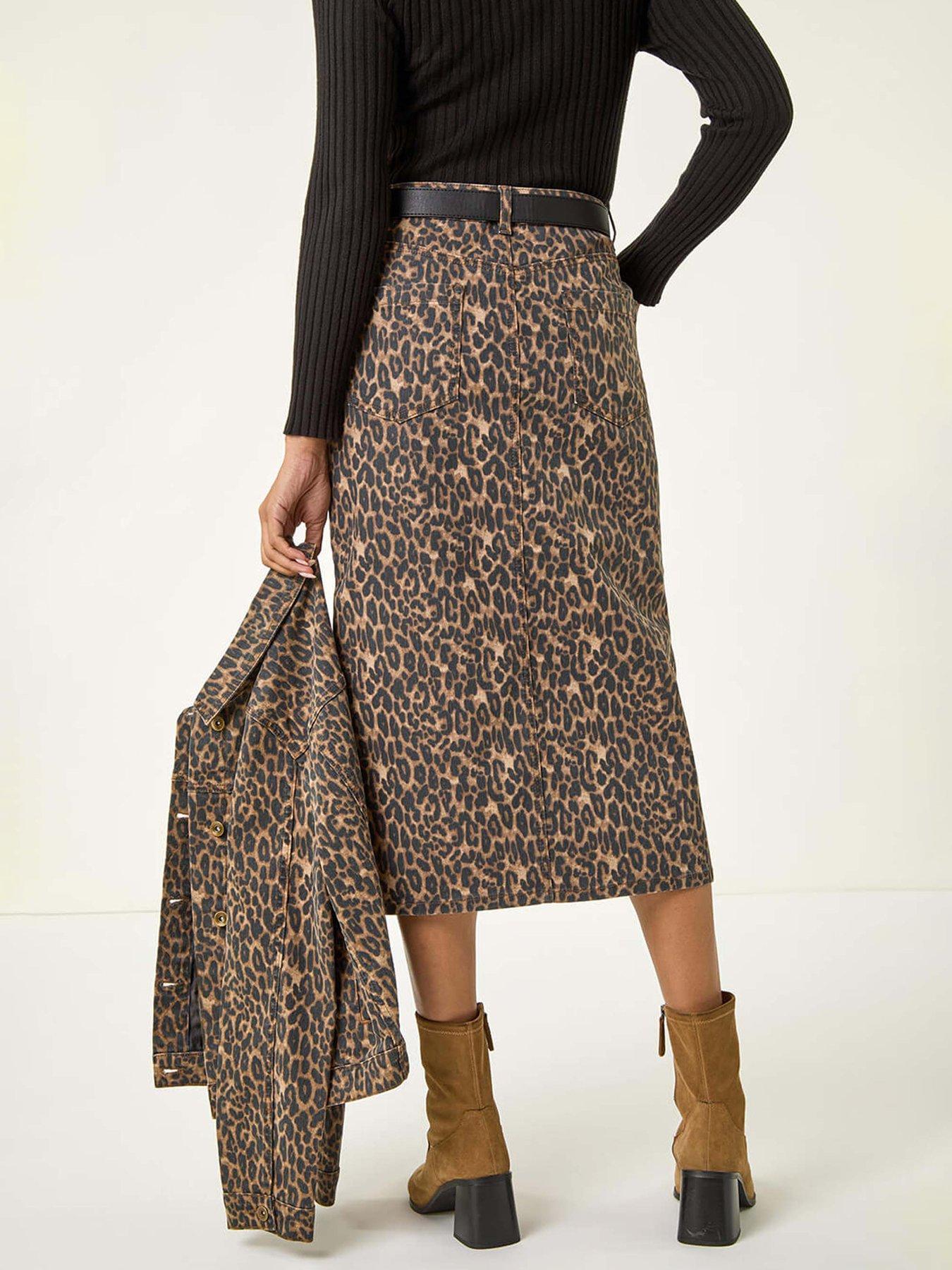 Image 2 of 5 of Roman Animal Print Stretch Midi Skirt - Brown