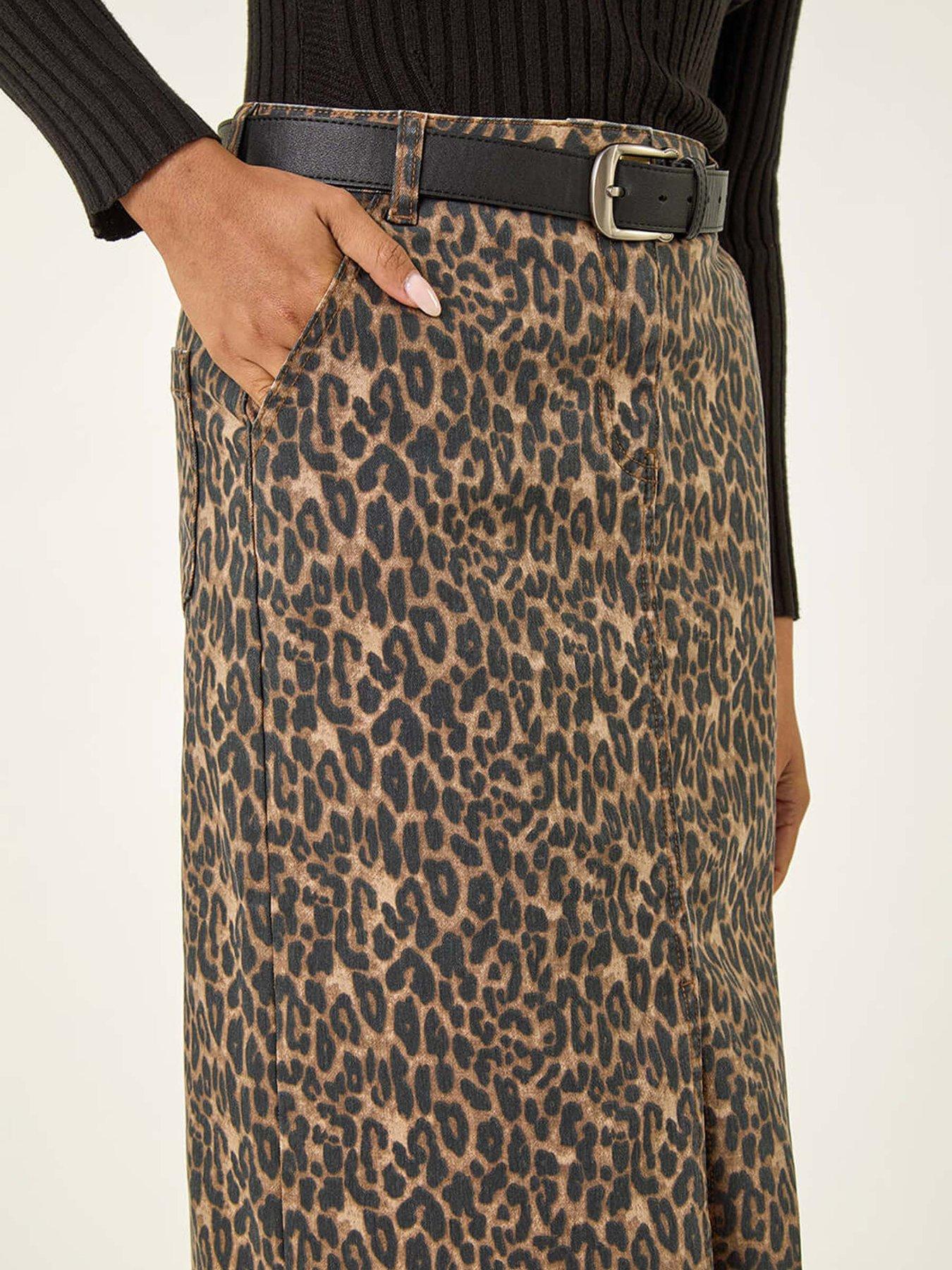 Image 5 of 5 of Roman Animal Print Stretch Midi Skirt - Brown