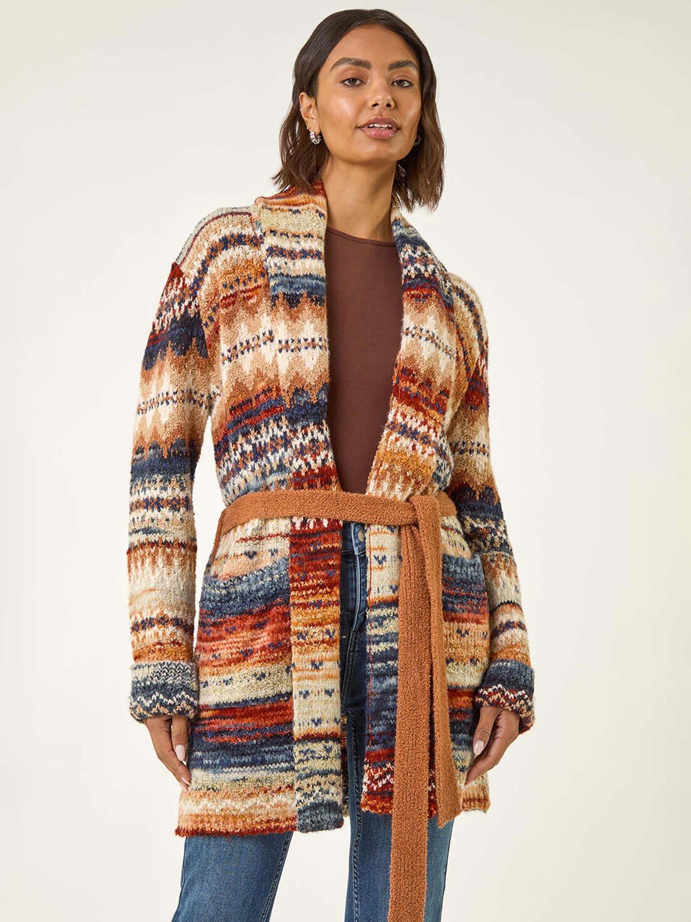 undefined Jacquard Knit Belted Cardigan - Brown