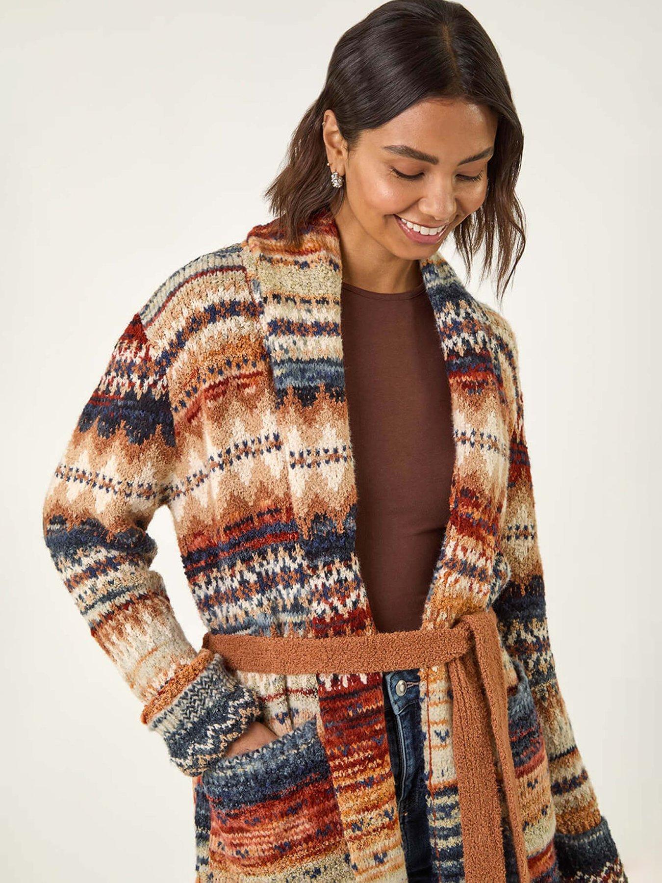 Image 4 of 5 of Roman Jacquard Knit Belted Cardigan - Brown