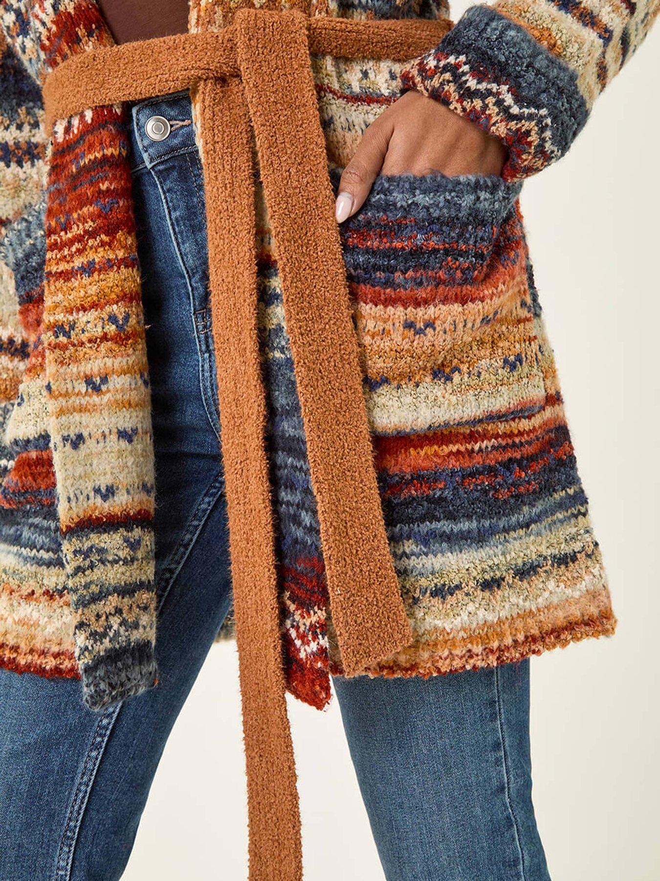 Image 5 of 5 of Roman Jacquard Knit Belted Cardigan - Brown
