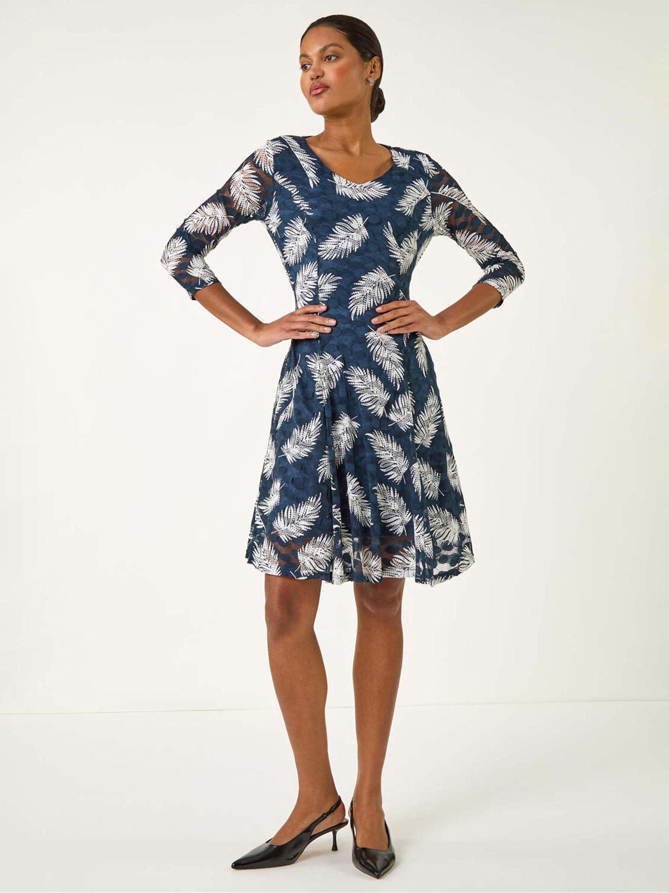 Roman Leaf Print Lace Stretch Dress - Teal