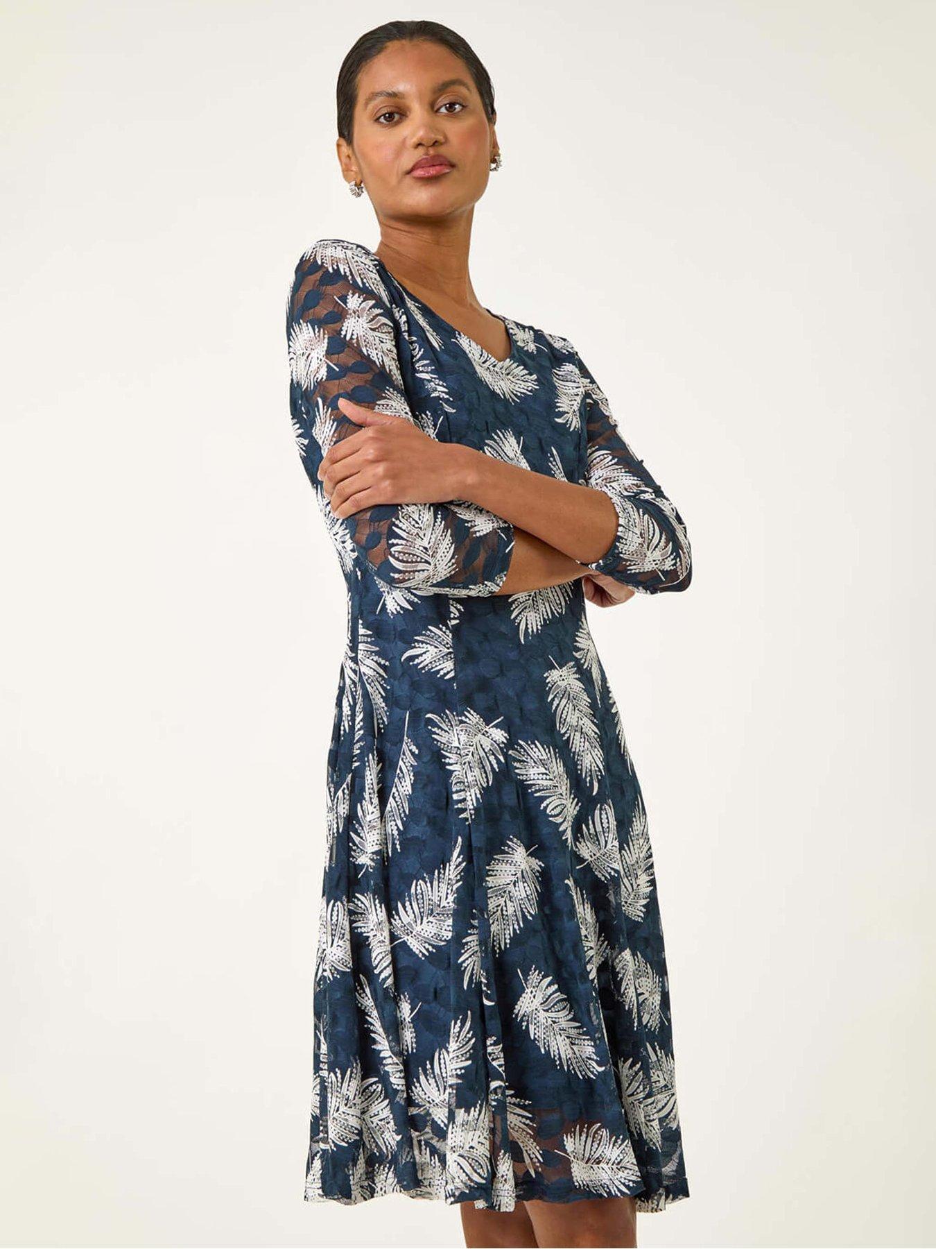  image of roman-leaf-print-lace-stretch-dress-teal