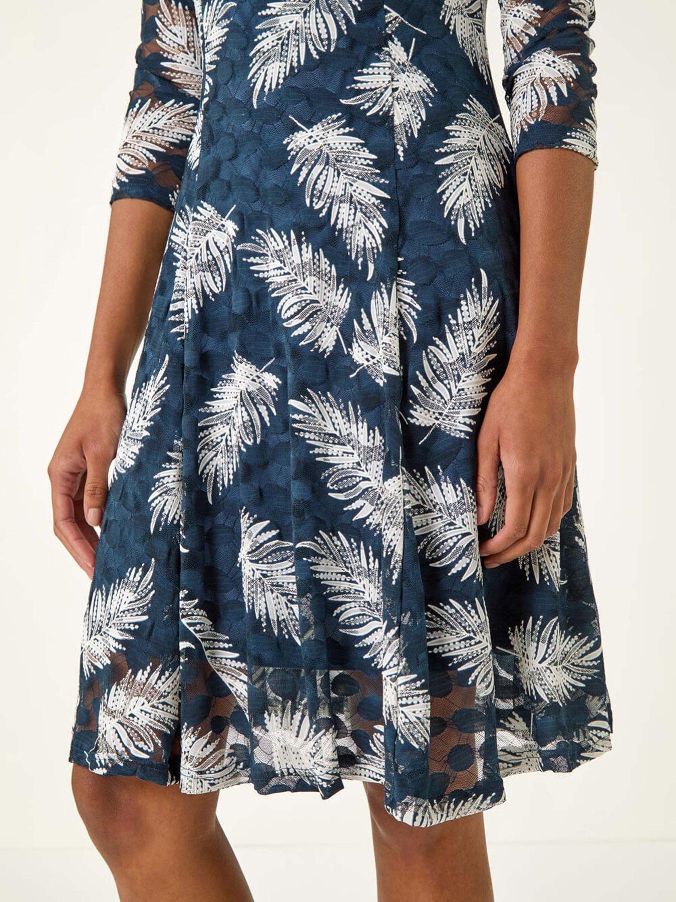  image of roman-leaf-print-lace-stretch-dress-teal