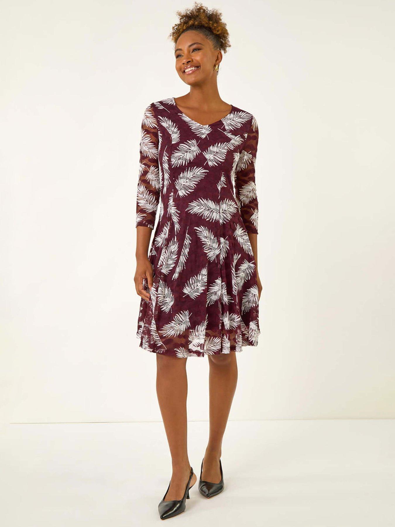 Image 1 of 5 of Roman Leaf Print Lace Stretch Dress - Wine