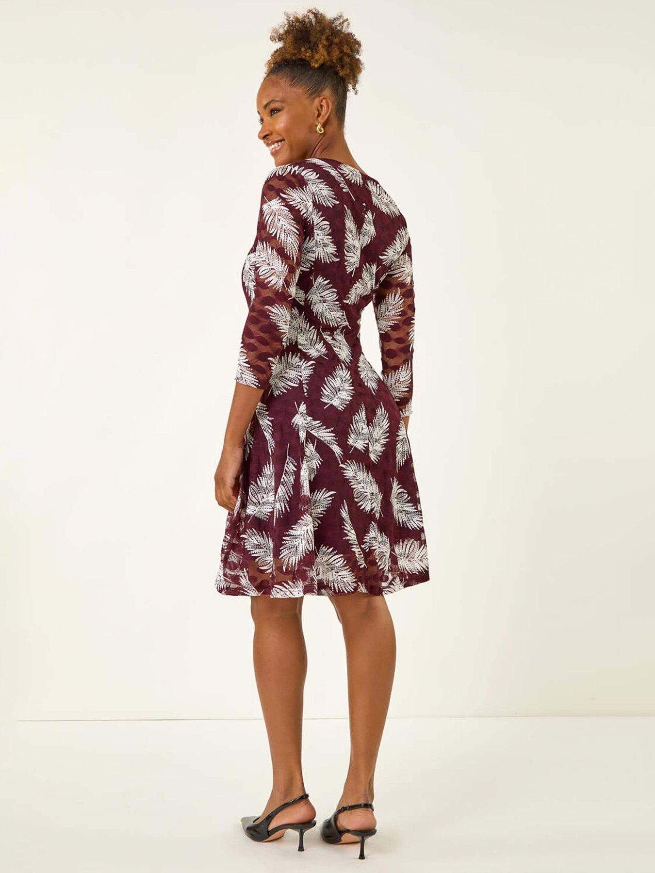 Image 2 of 5 of Roman Leaf Print Lace Stretch Dress - Wine