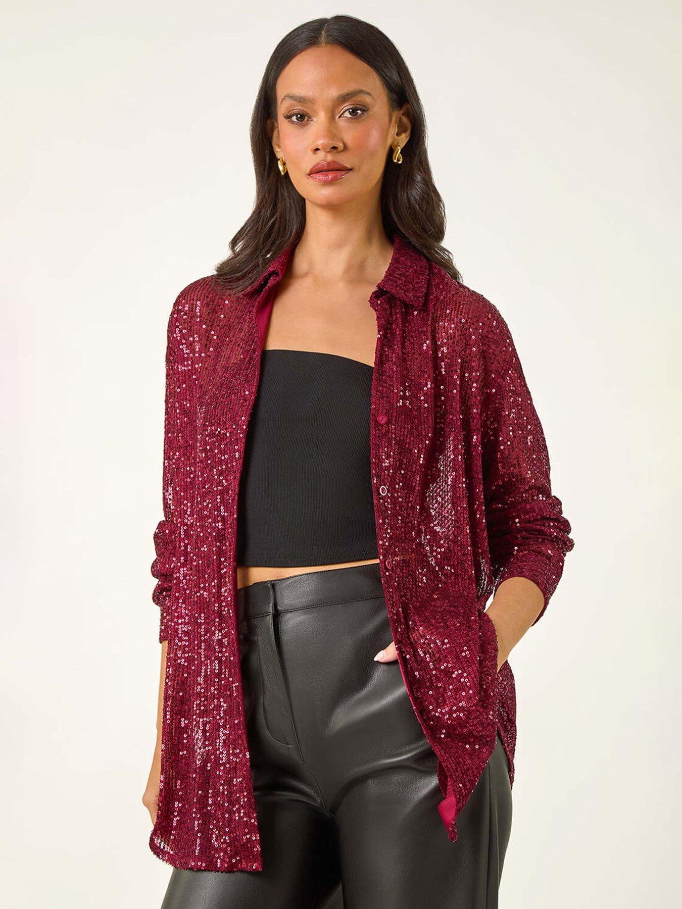 Roman Sequin Button Through Stretch Blouse - Burgundy