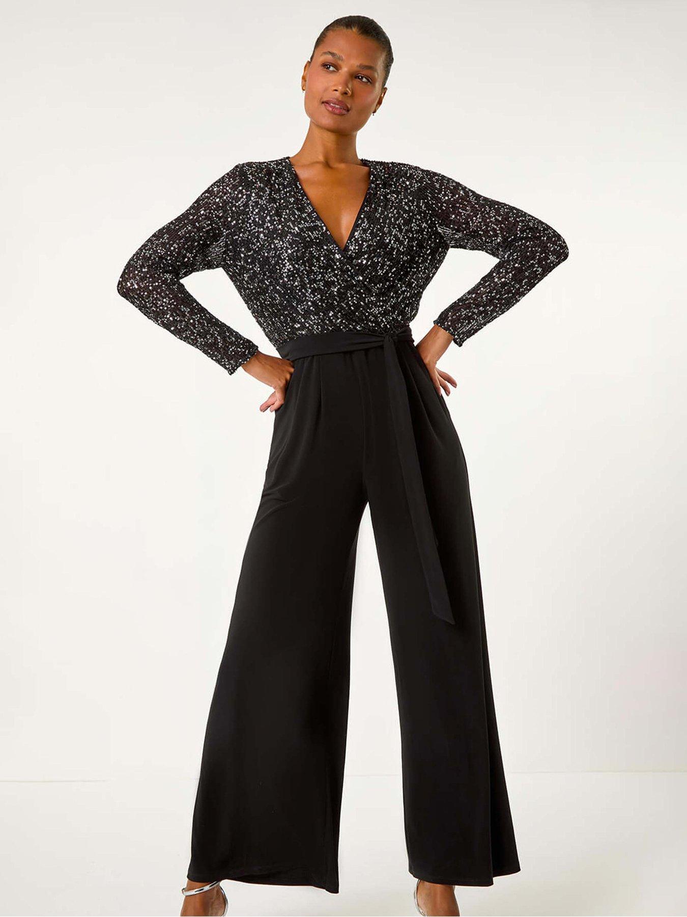 Roman Sequin Wrap V-neck Stretch Jumpsuit - Black