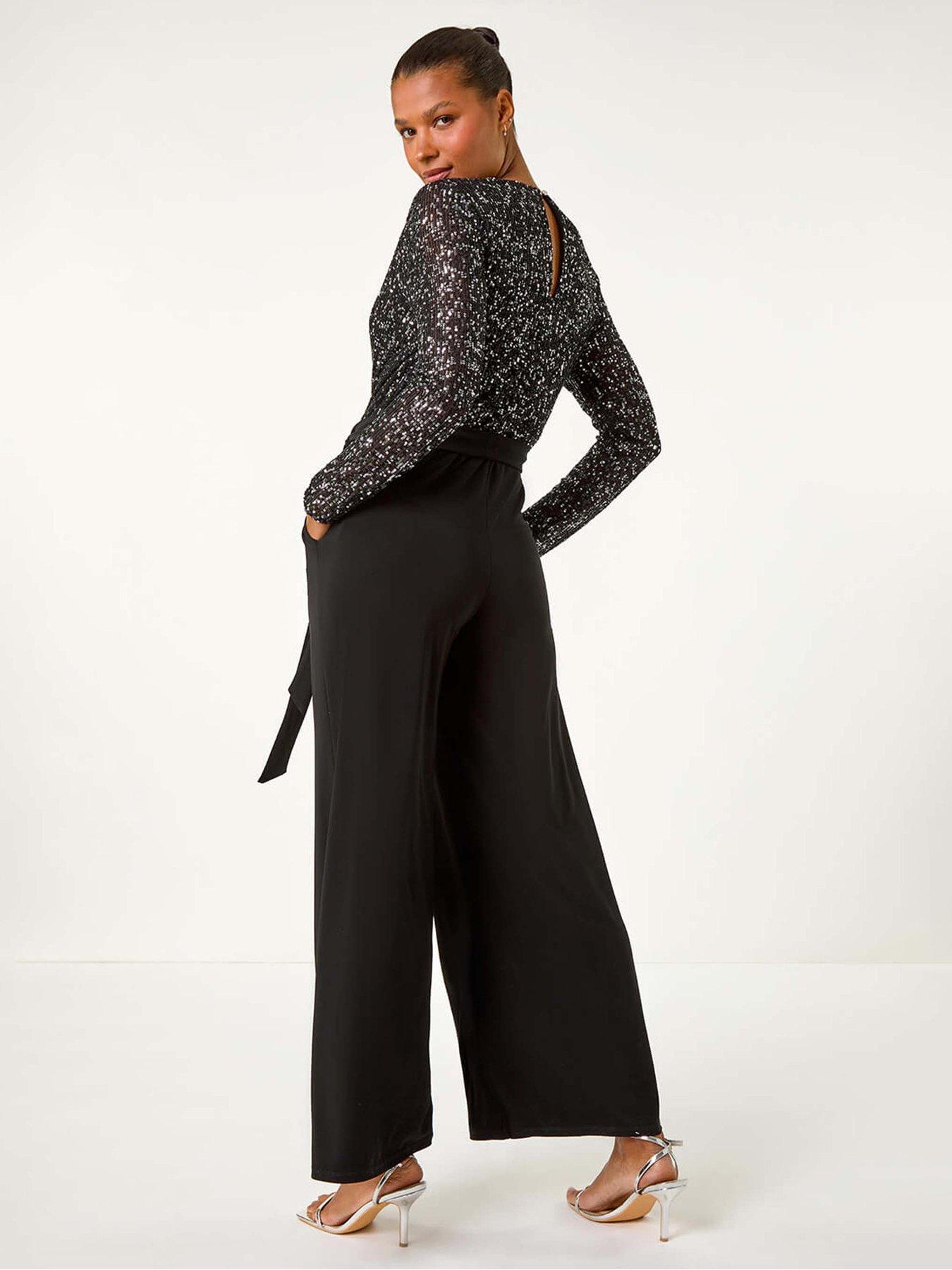 Image 2 of 5 of Roman Sequin Wrap V-neck Stretch Jumpsuit - Black