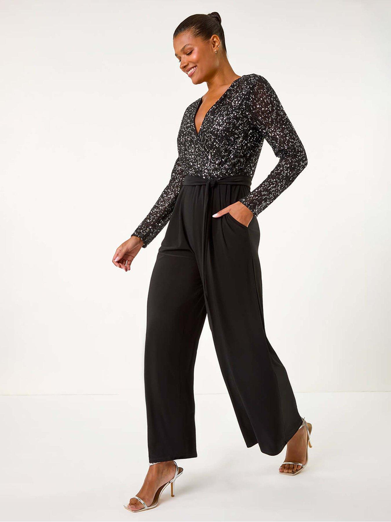 Image 3 of 5 of Roman Sequin Wrap V-neck Stretch Jumpsuit - Black