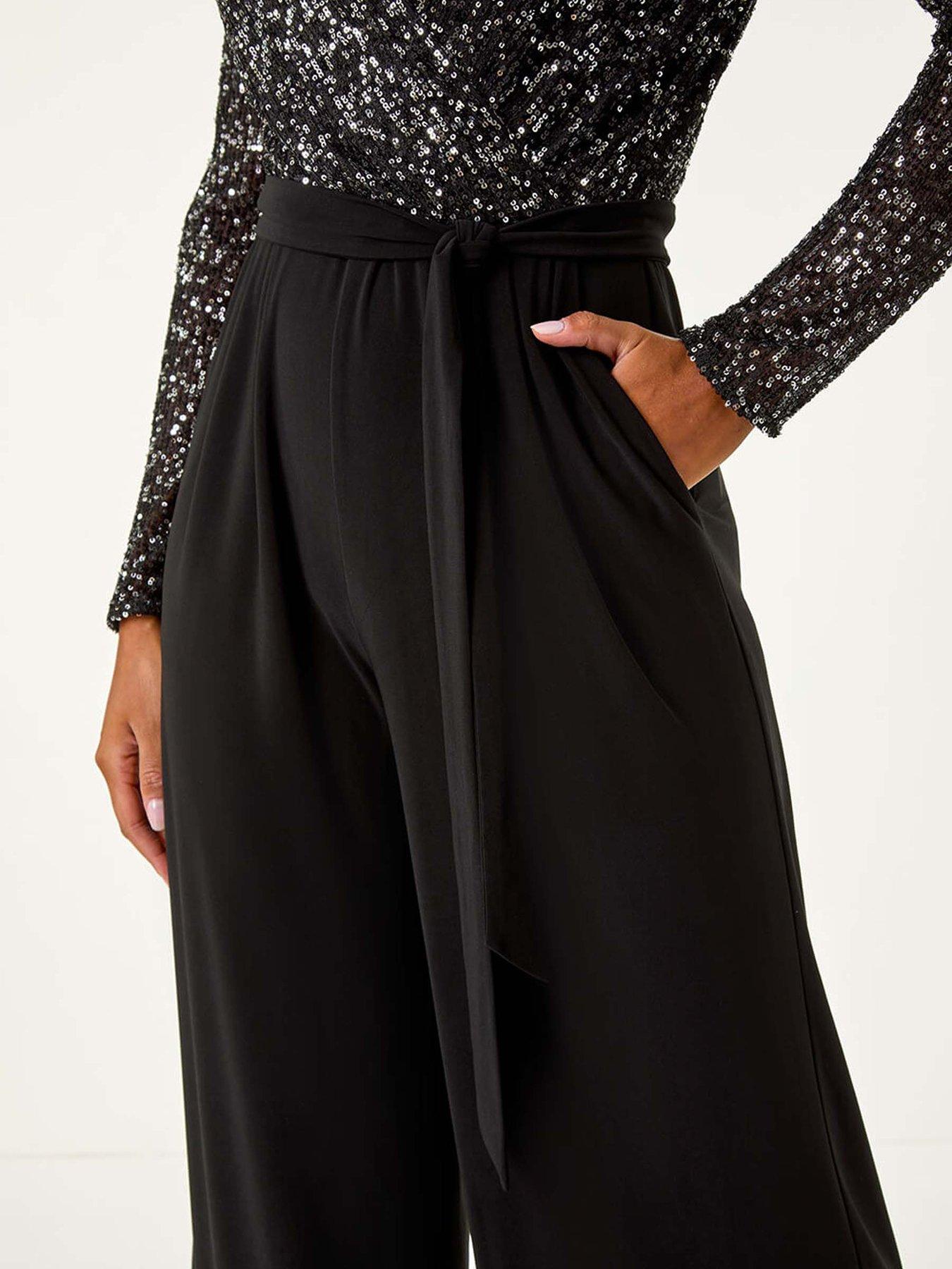 Image 5 of 5 of Roman Sequin Wrap V-neck Stretch Jumpsuit - Black