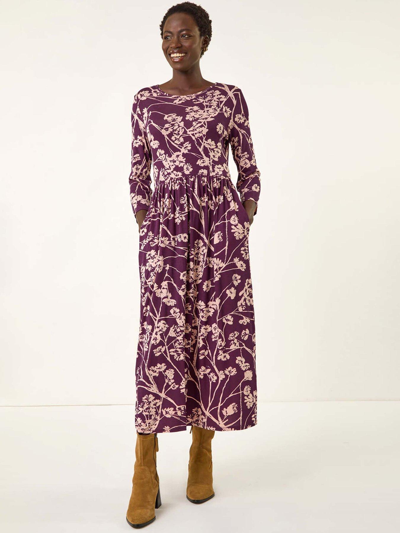 undefined Shadow Floral Stretch Midi Dress - Purple
