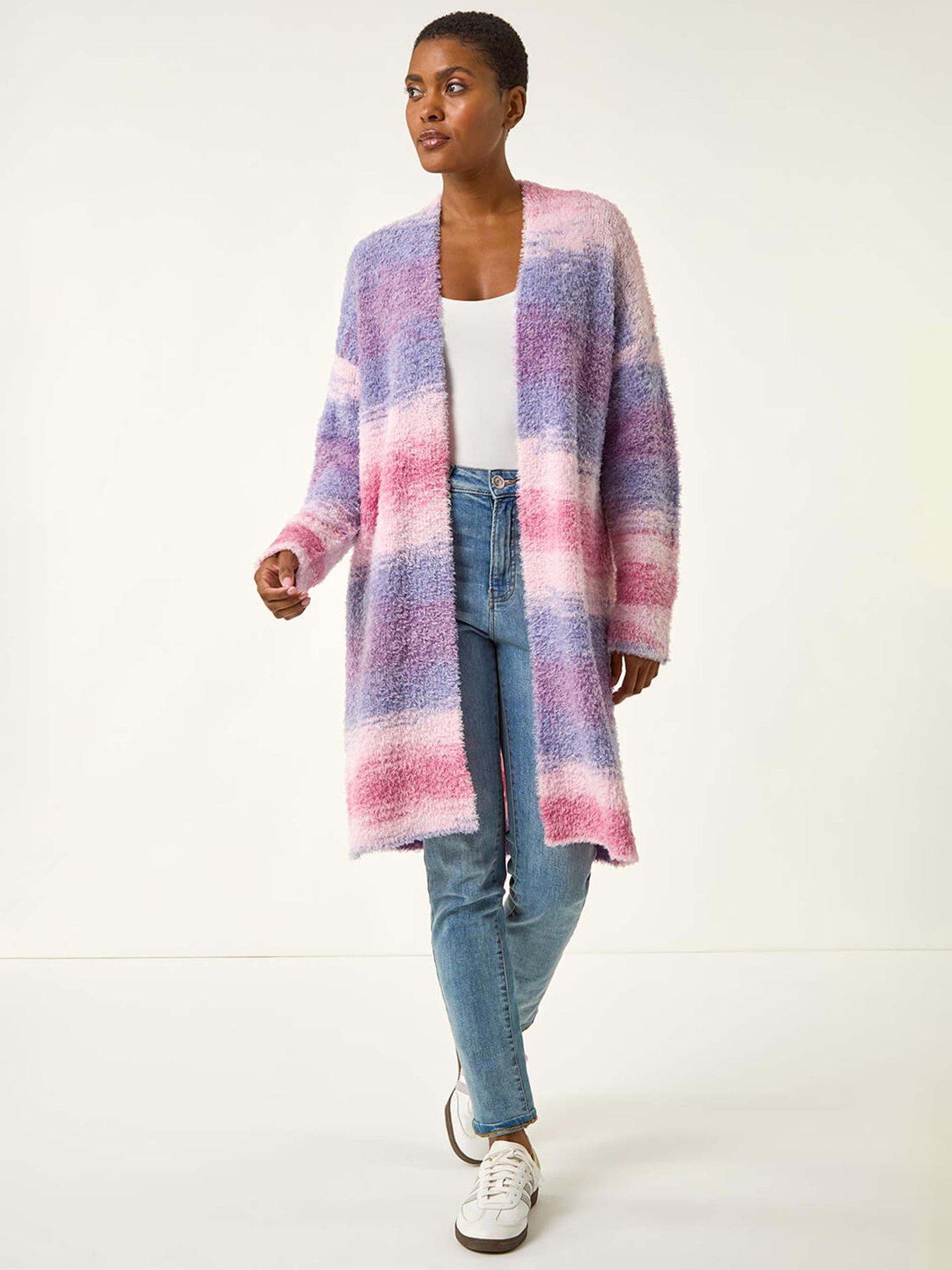 Image 1 of 5 of Roman Fluffy Stripe Longline Cardigan - Pink
