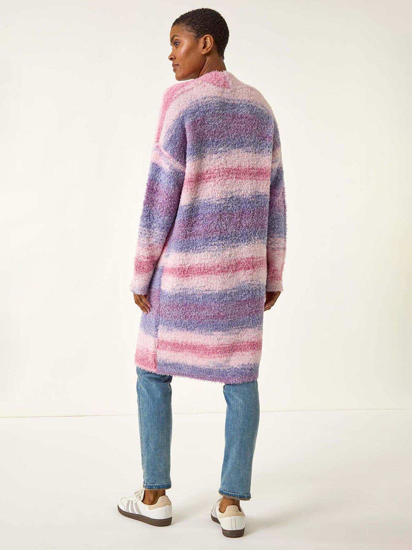 Image 2 of 5 of Roman Fluffy Stripe Longline Cardigan - Pink