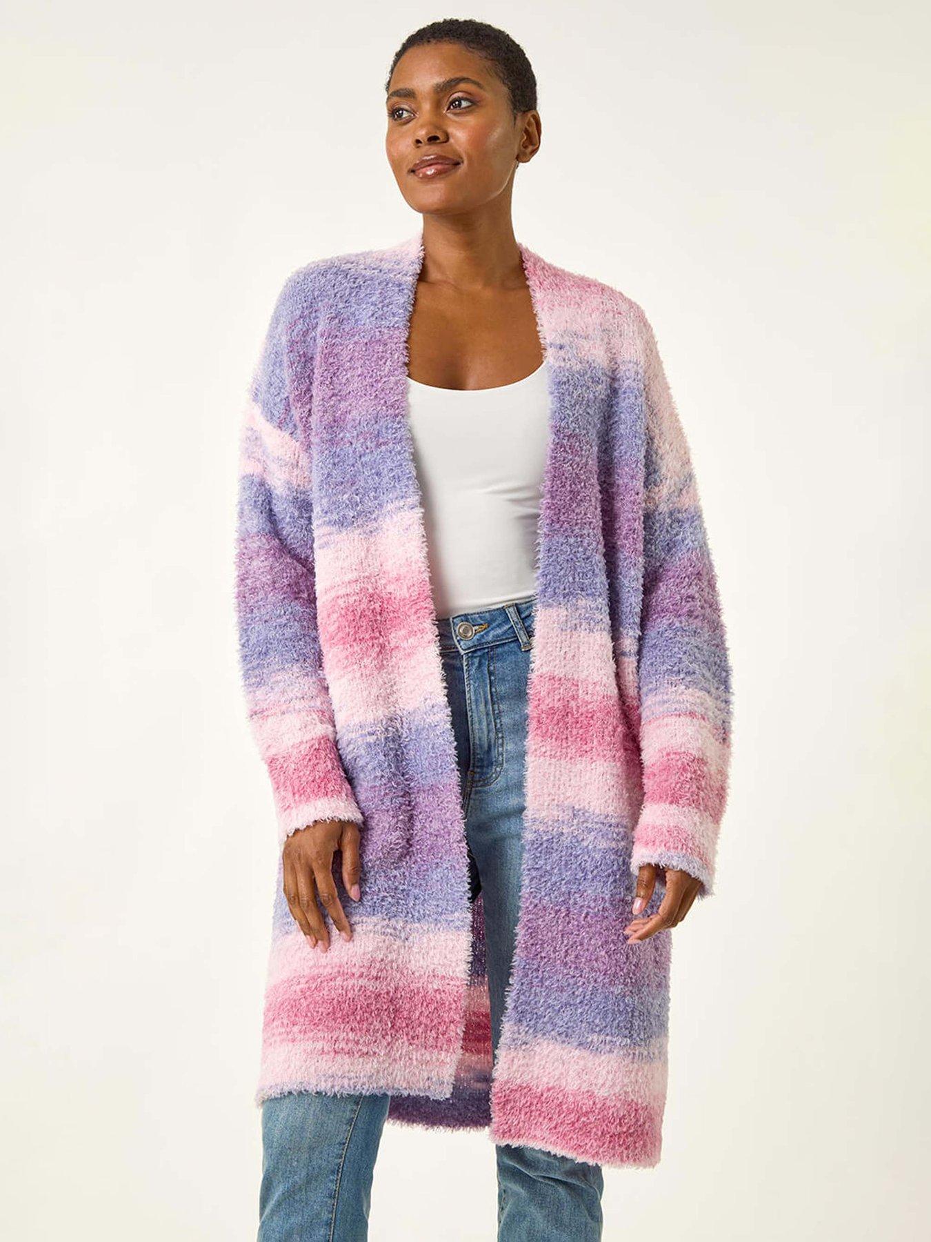 Image 3 of 5 of Roman Fluffy Stripe Longline Cardigan - Pink
