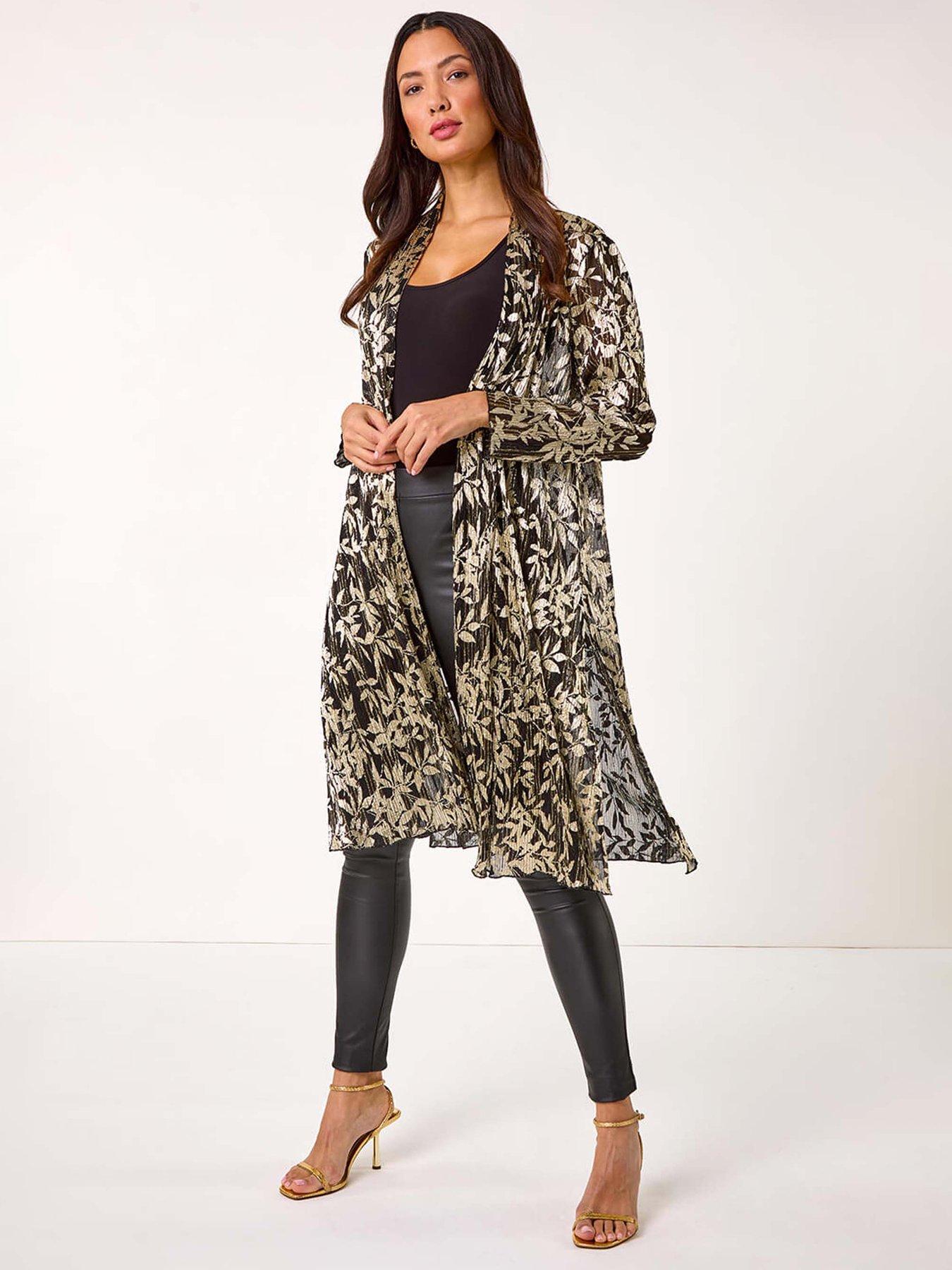 Roman Foil Leaf Print Plisse Kimono - Gold