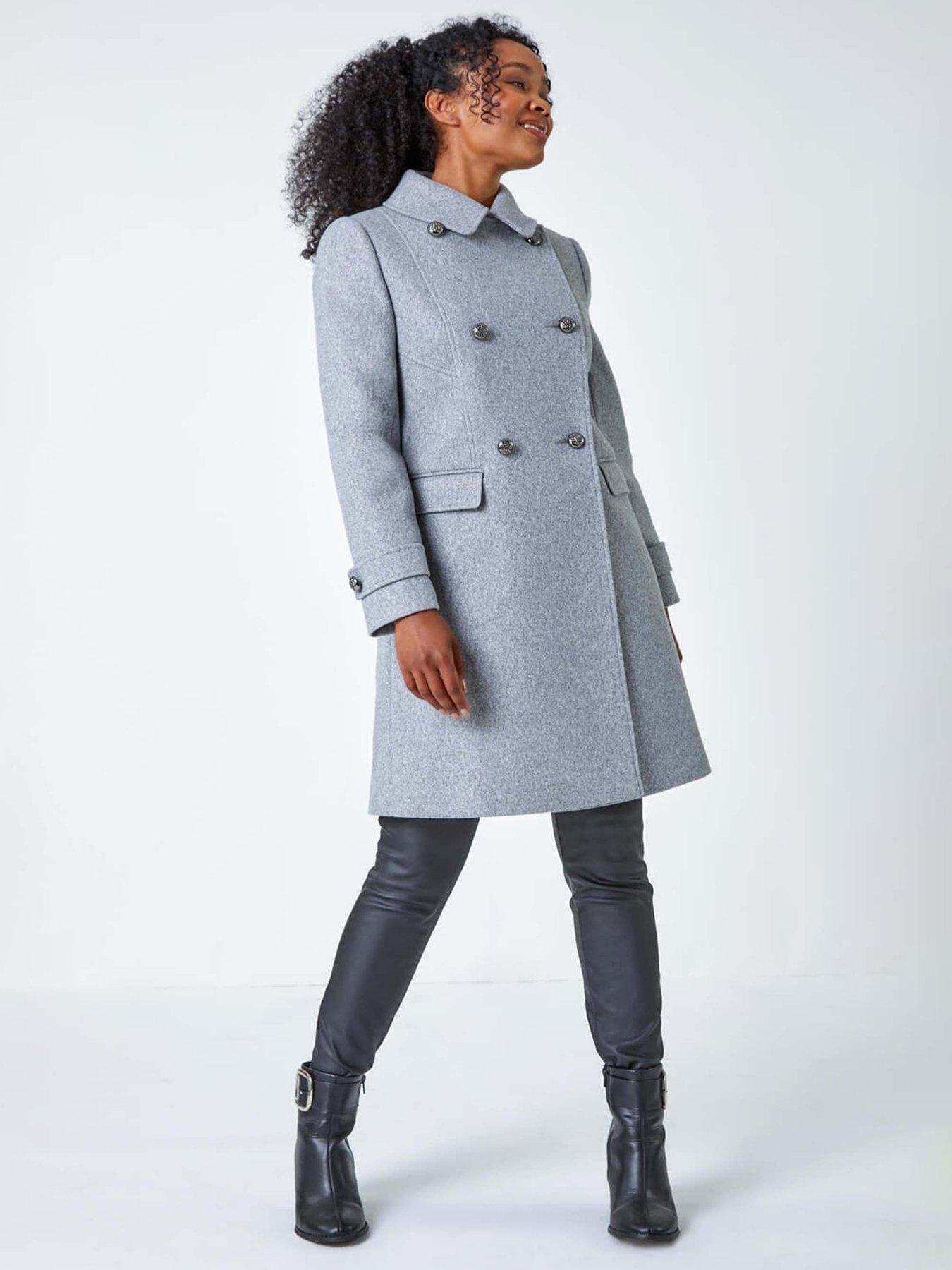 undefined Petite Double Breasted Military Coat - Grey