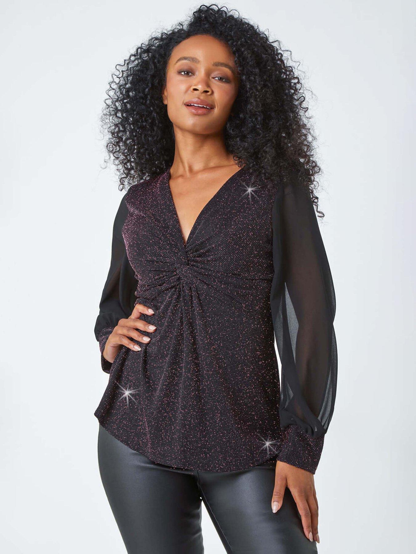  image of roman-petite-twist-front-chiffon-sleeve-stretch-top-pink