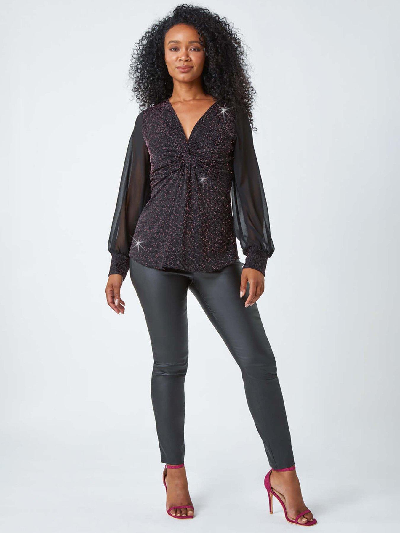  image of roman-petite-twist-front-chiffon-sleeve-stretch-top-pink