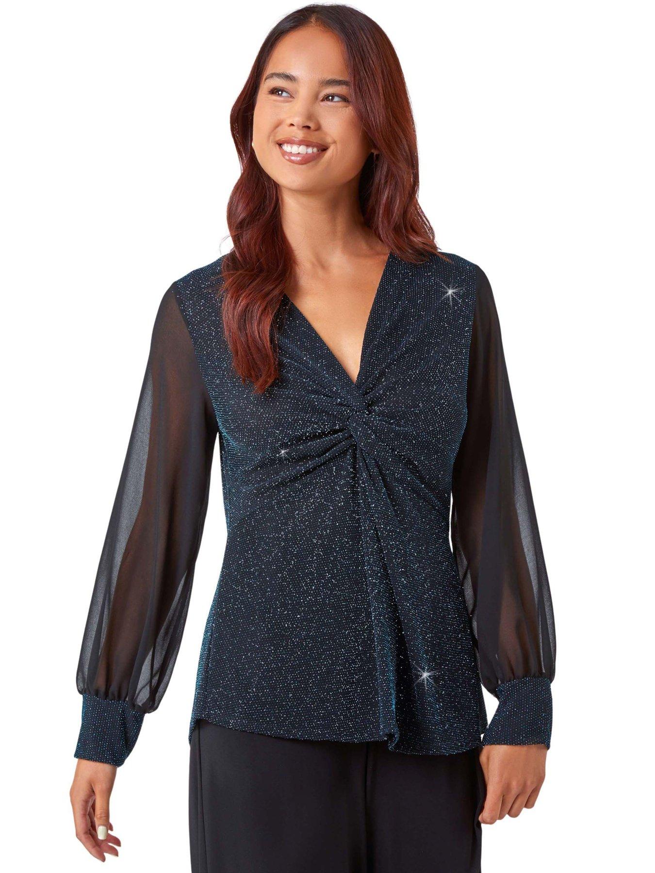 Roman Petite Twist Front Chiffon Sleeve Stretch Top - Teal