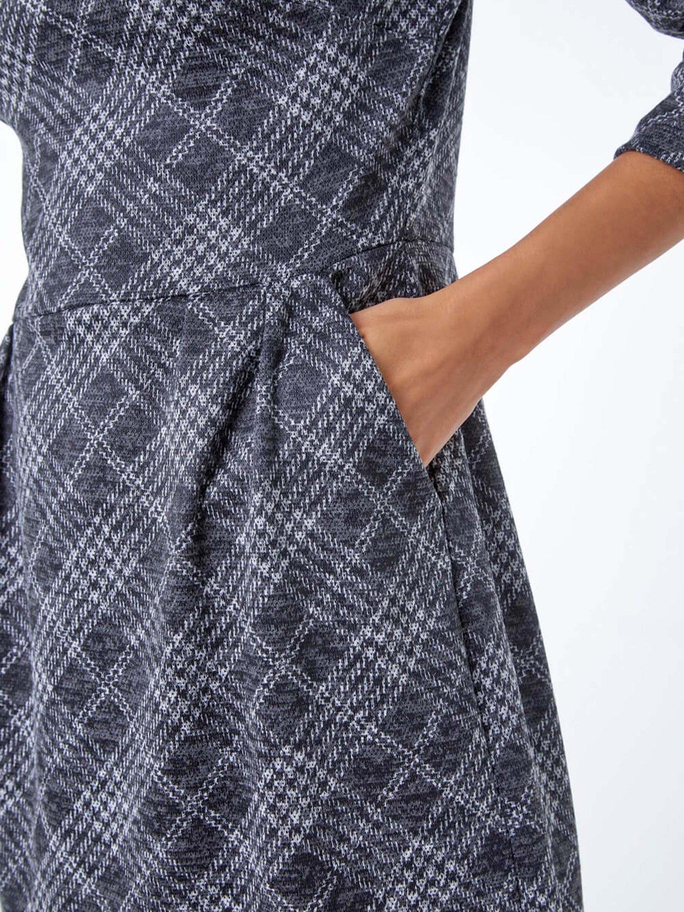 Image 4 of 4 of Roman Checked Pleat Front Shift Dress - Dark Grey