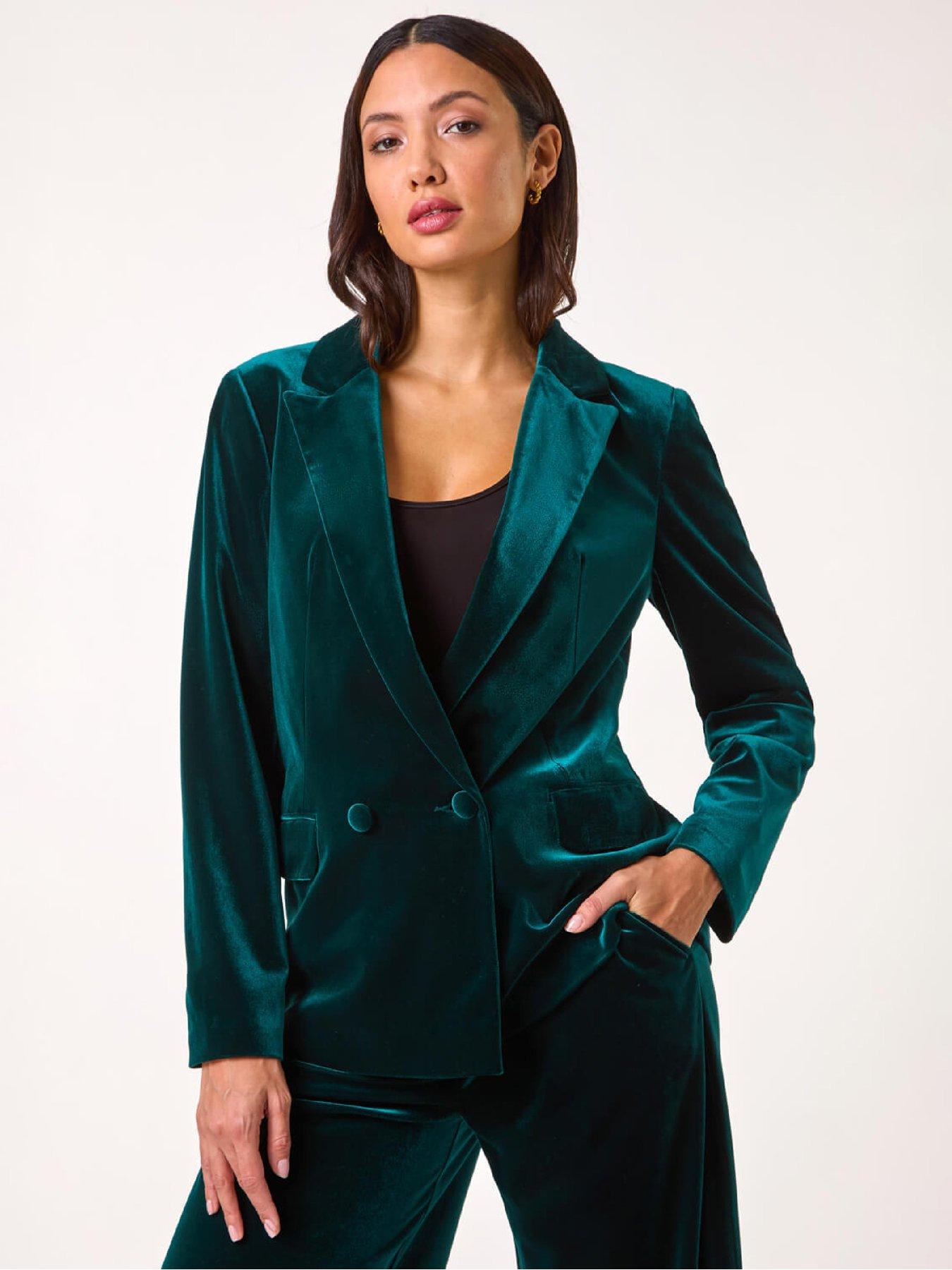 Roman Velvet Double Breasted Blazer - Green