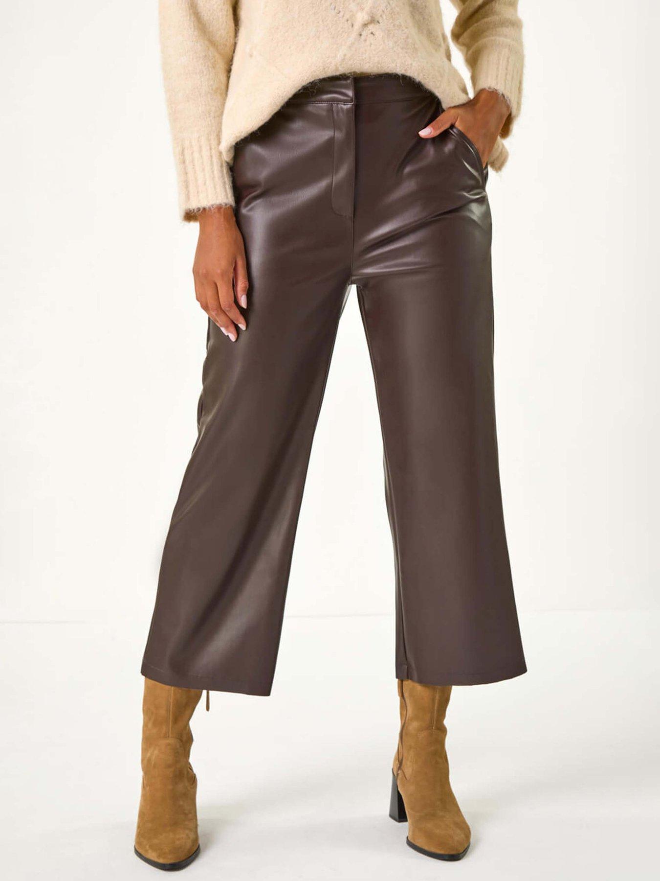 Roman Faux Leather Wide Leg Crop Trousers - Chocolate