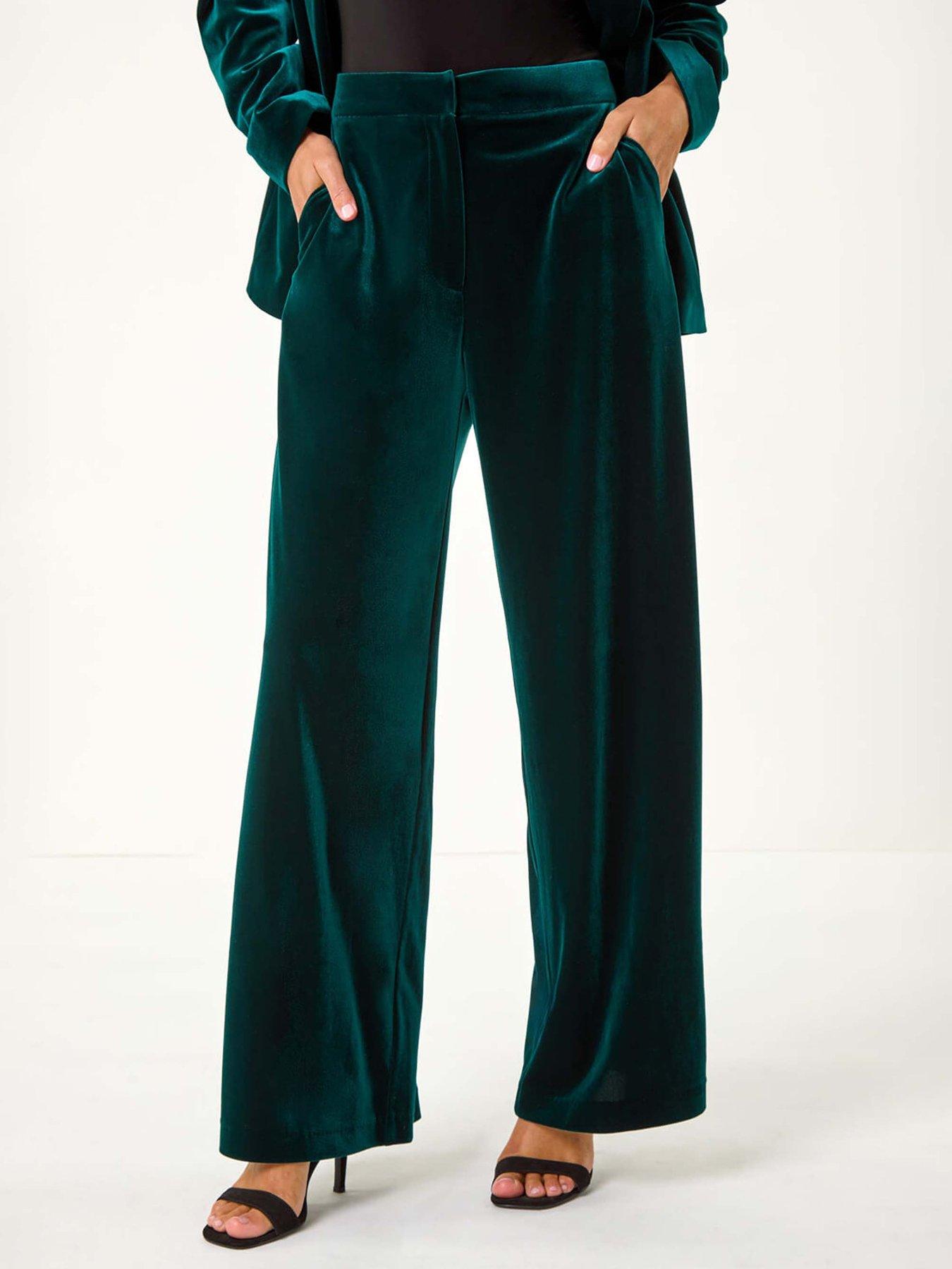 undefined Velvet Wide Leg Pocket Stretch Trouser - Green