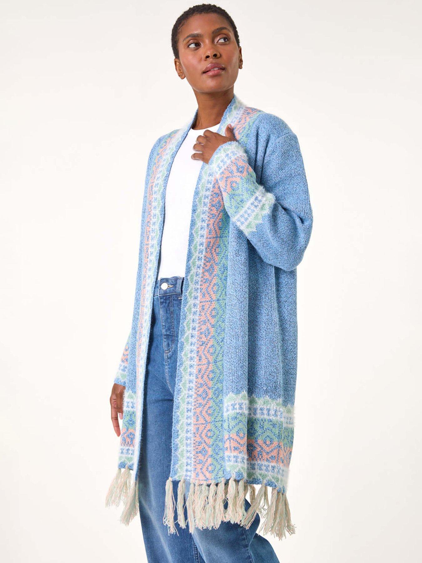  image of roman-patterened-fringe-cardigan-light-blue