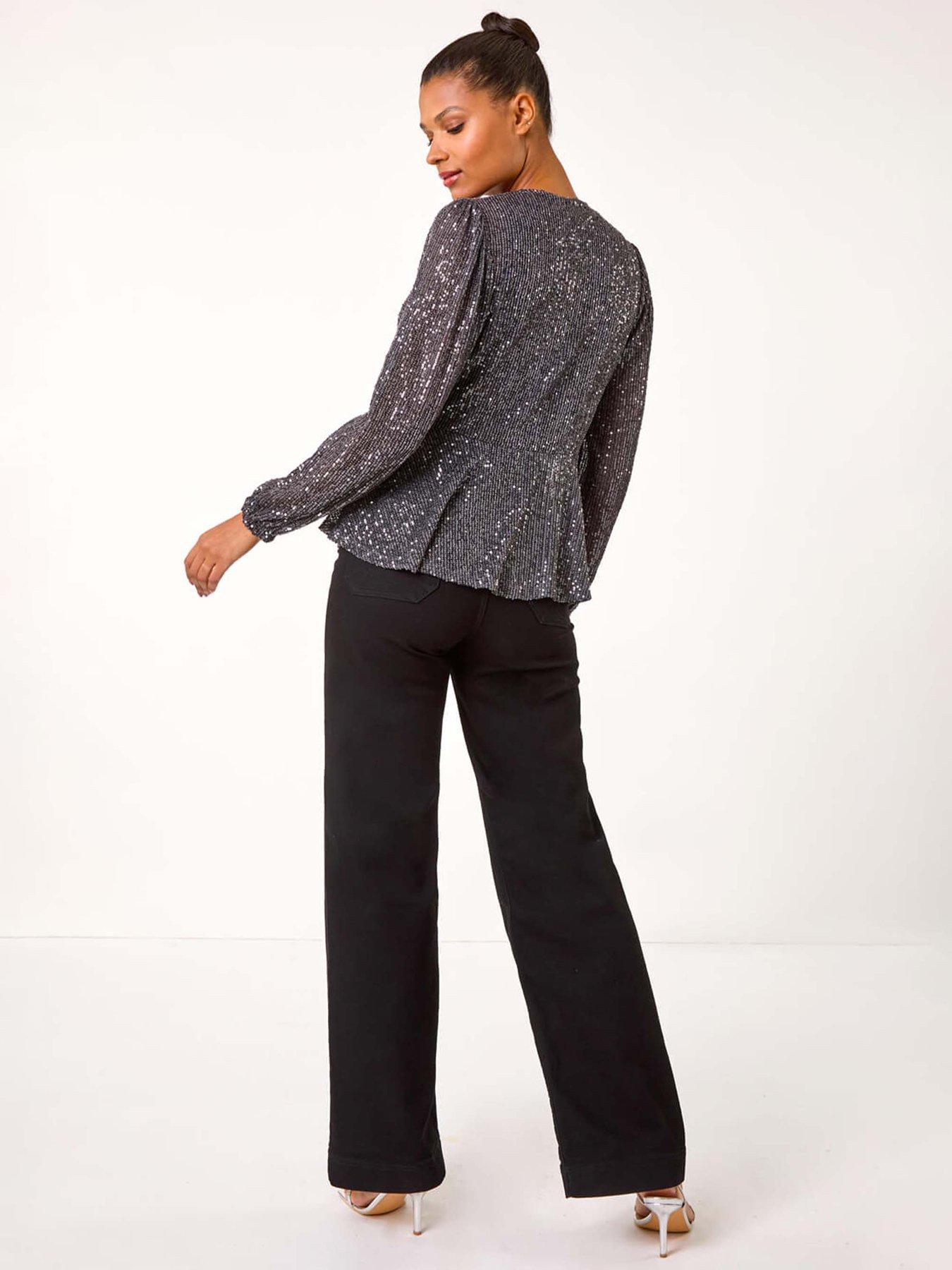 Image 2 of 5 of Roman Sequin Tie Front Stretch Top - Grey