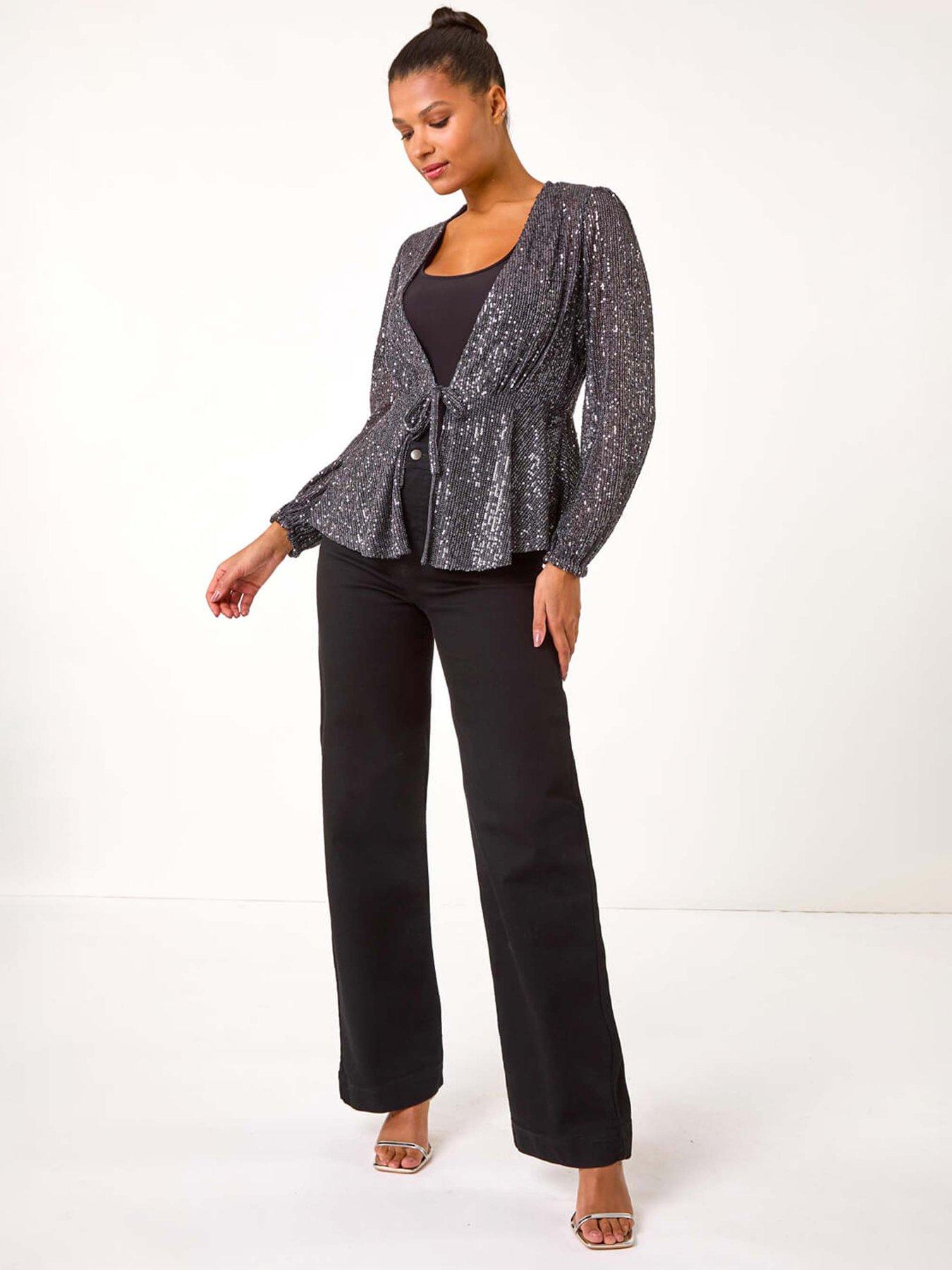 Image 3 of 5 of Roman Sequin Tie Front Stretch Top - Grey